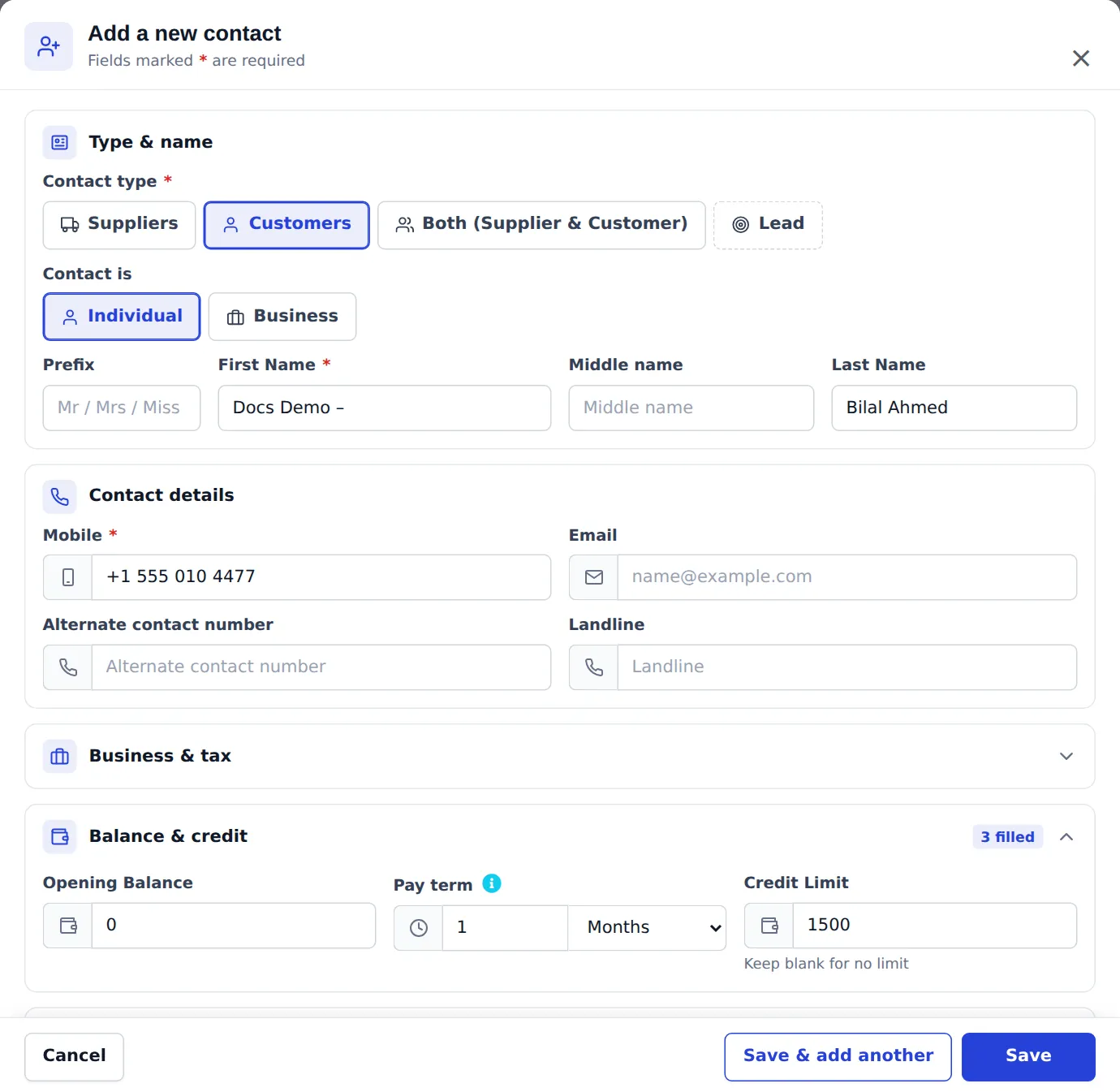 Add a new contact window with contact type Customers, name Docs Demo Bilal Ahmed, mobile number, and the Balance and credit section with opening balance 0, pay term 1 Months and credit limit 1500