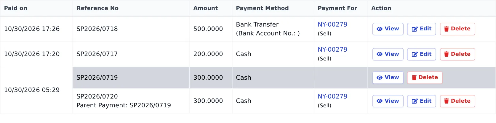 Customer Payments tab with the 300 parent payment split into a 300 child payment for invoice NY-00279