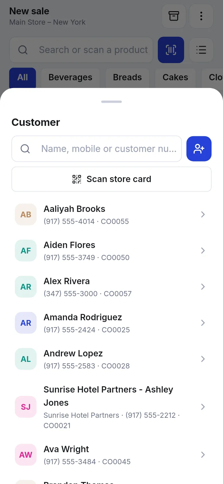 Customer sheet with a search box, Scan store card button and customer list