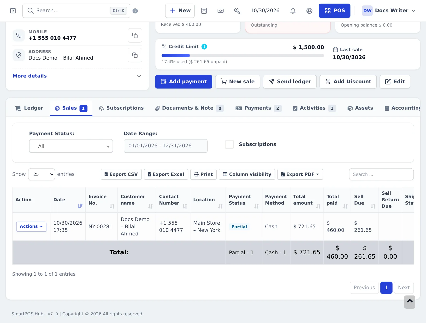 Customer Sales tab with invoice NY-00281, payment status Partial, total amount 721.65, total paid 460.00 and sell due 261.65