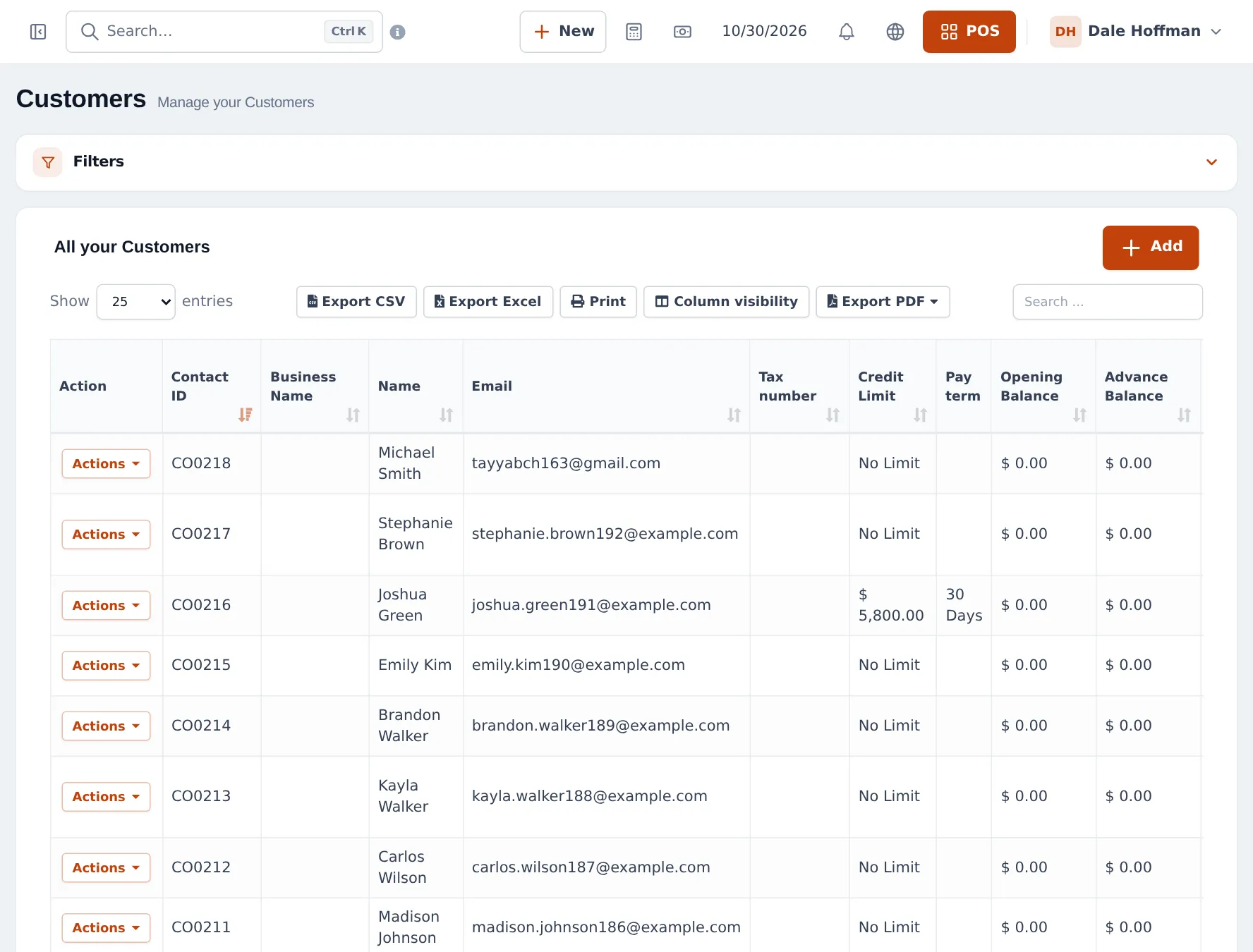 Customers list with contact ID, name, credit limit, pay term, opening balance and advance balance columns