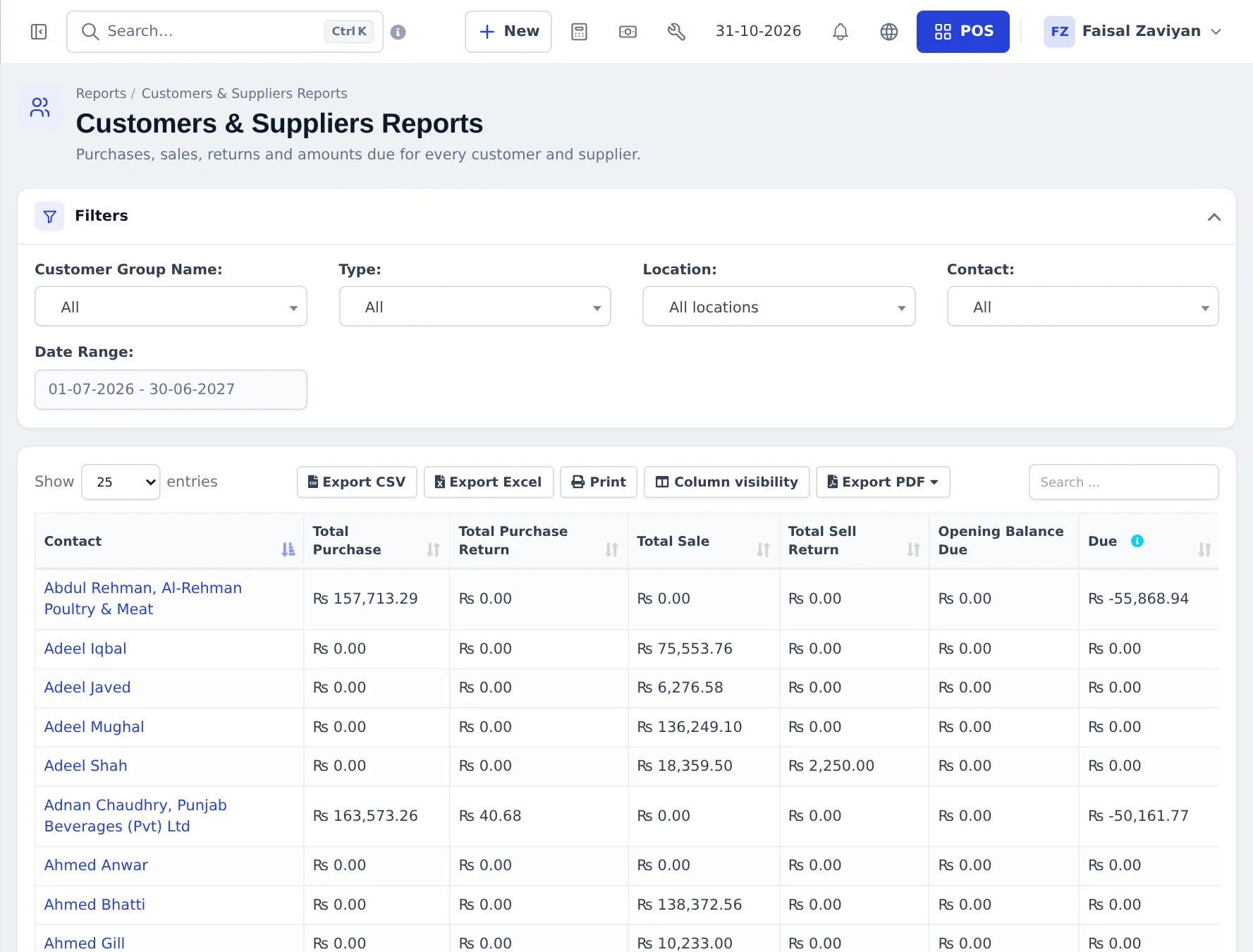 Customers and Suppliers Reports with totals of purchase, sale, returns, opening balance due and due per contact
