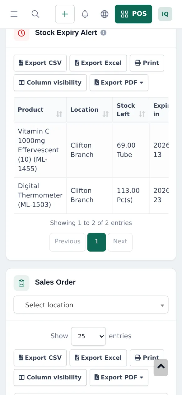 Stock Expiry Alert list on the Home dashboard at phone width with two products, location and stock left