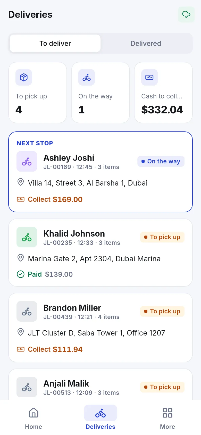 Deliveries screen with To deliver and Delivered tabs, counts to pick up and on the way, cash to collect and the next stop