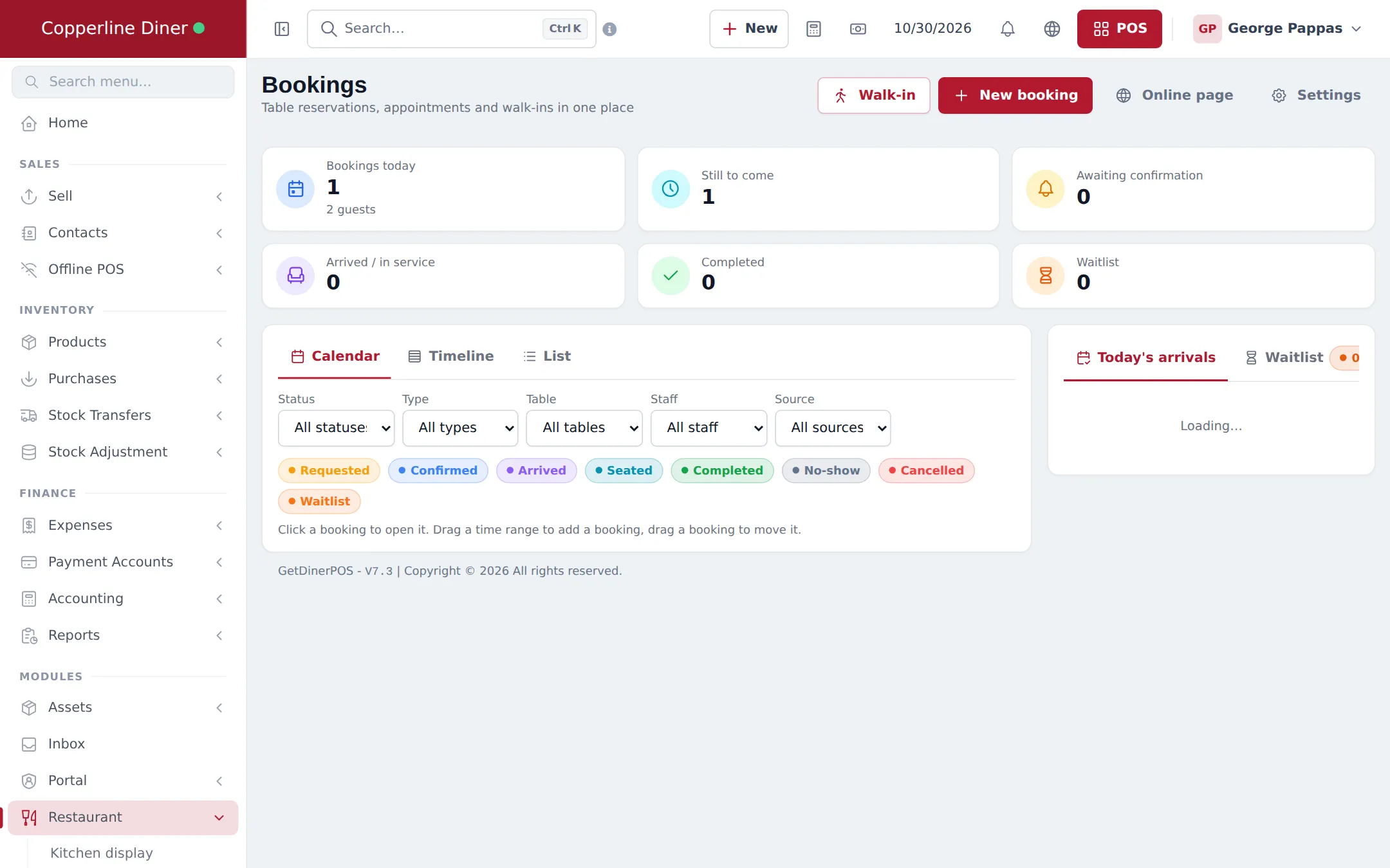 Bookings page with bookings today, still to come, awaiting confirmation, arrived, completed and waitlist counts, and a calendar