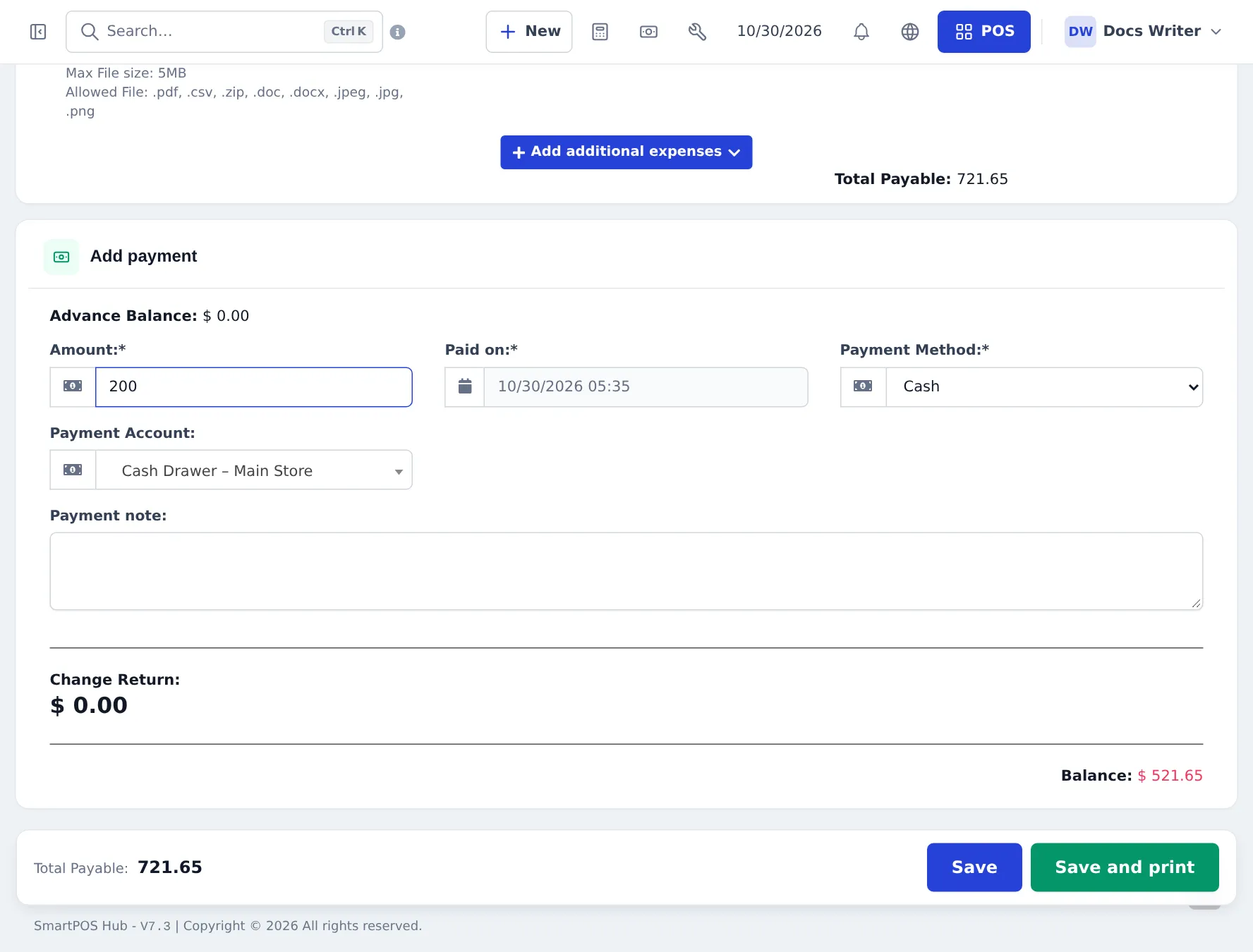 Add payment section of Add Sale with amount 200, paid on date, payment method cash, payment account cash drawer, and balance 521.65