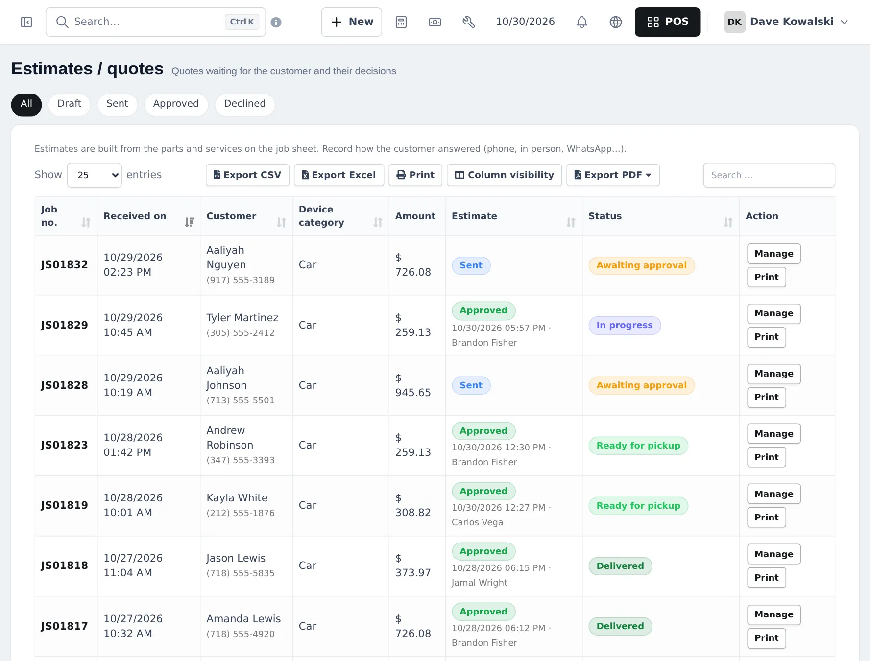 Estimates / quotes list with Draft, Sent, Approved and Declined filters, and car jobs with amounts, estimate status and job status