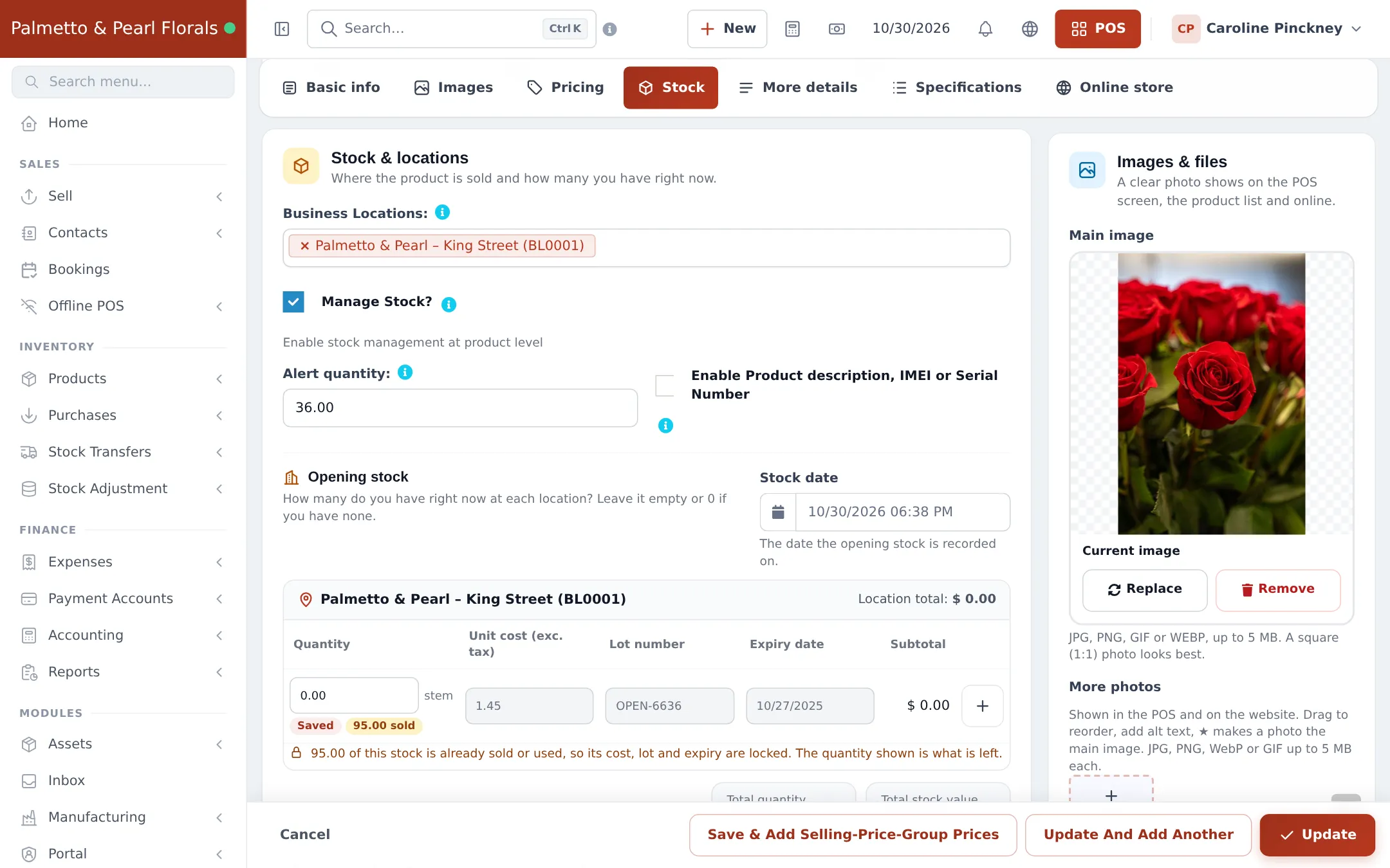 Stock tab of the rose product with Manage Stock ticked, Alert quantity 36, and an opening stock row with quantity, unit cost, Lot number and Expiry date