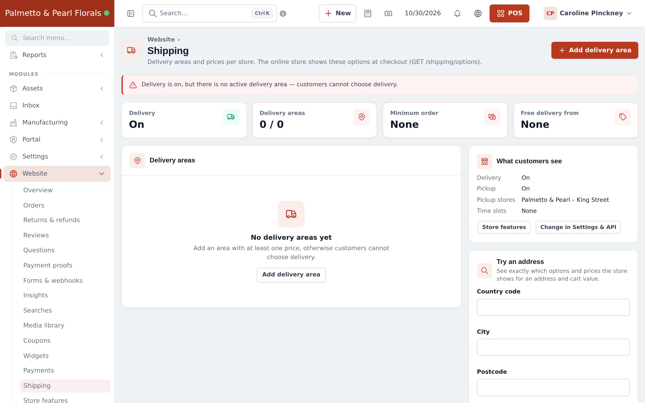 Website Shipping page with Delivery On, Delivery areas 0 / 0, a warning that no active delivery area exists, the Add delivery area button and What customers see with pickup on