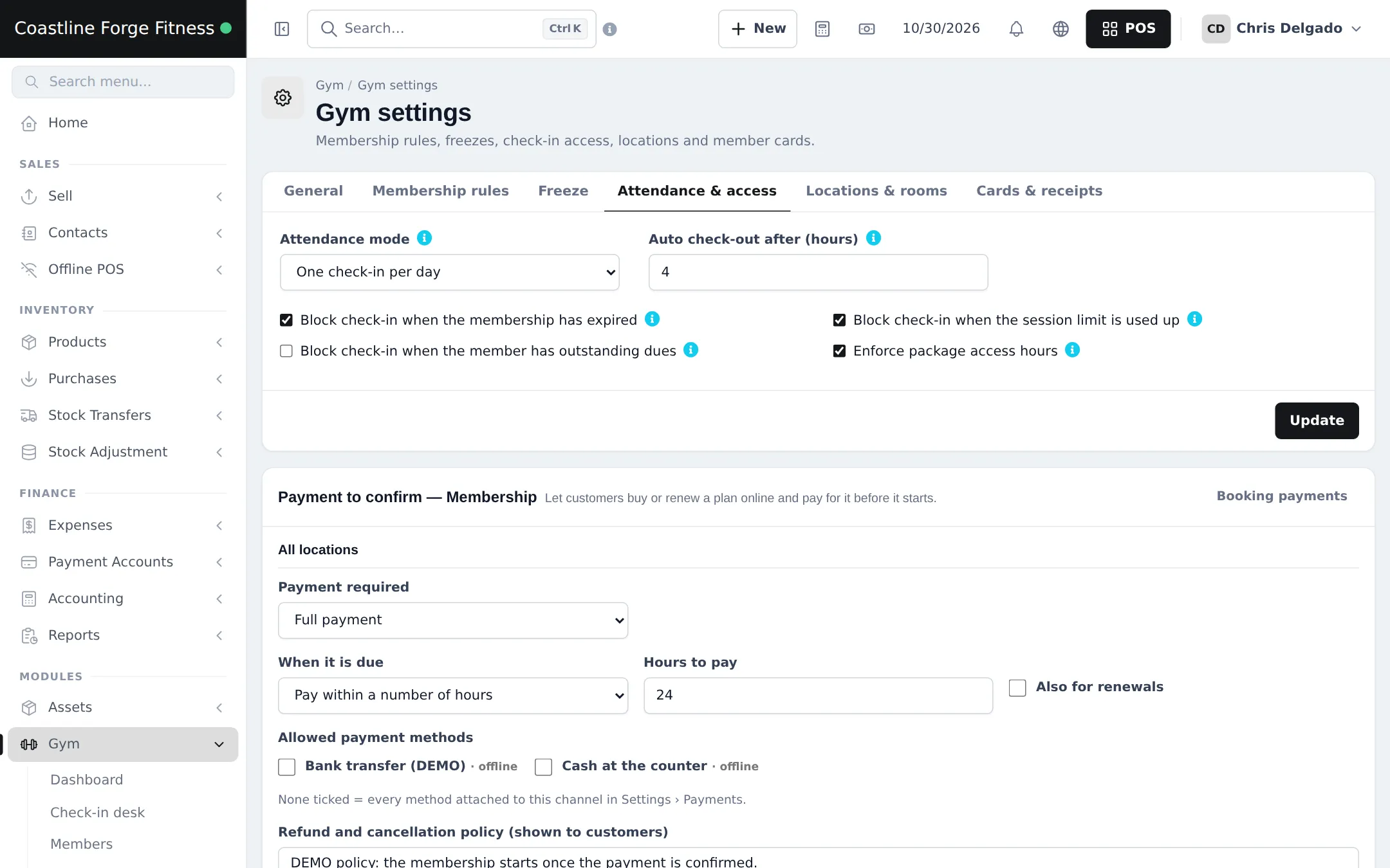 Attendance and access tab with one check-in per day, auto check-out after 4 hours, block when expired, block when the session limit is used up and enforce package access hours ticked