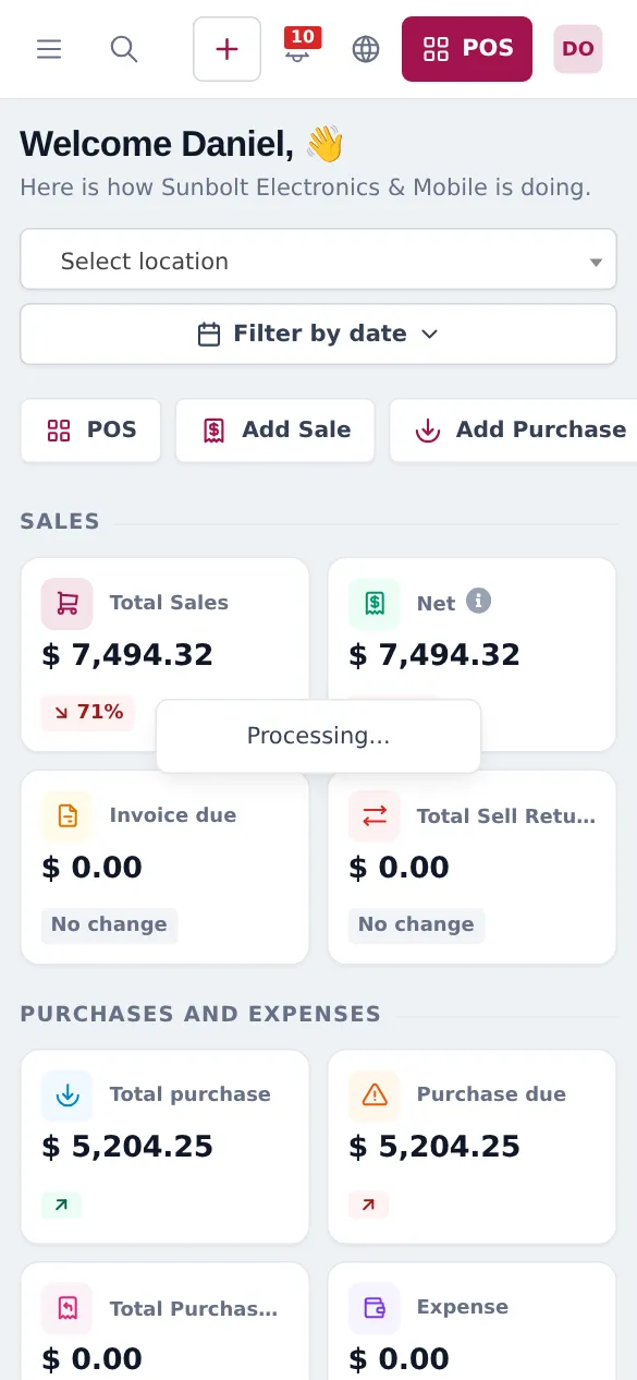 SmartPOS Hub home dashboard on a phone with location filter, date filter and POS, Add Sale and Add Purchase shortcuts