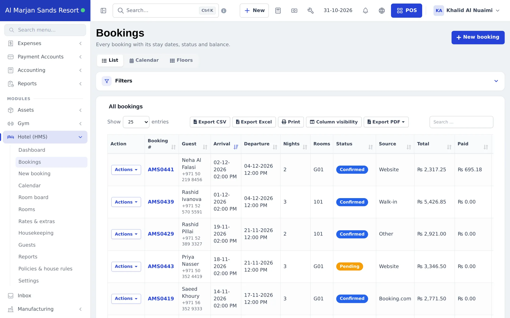 Bookings list with booking number, guest, arrival, departure, nights, rooms, status, source, total and paid columns