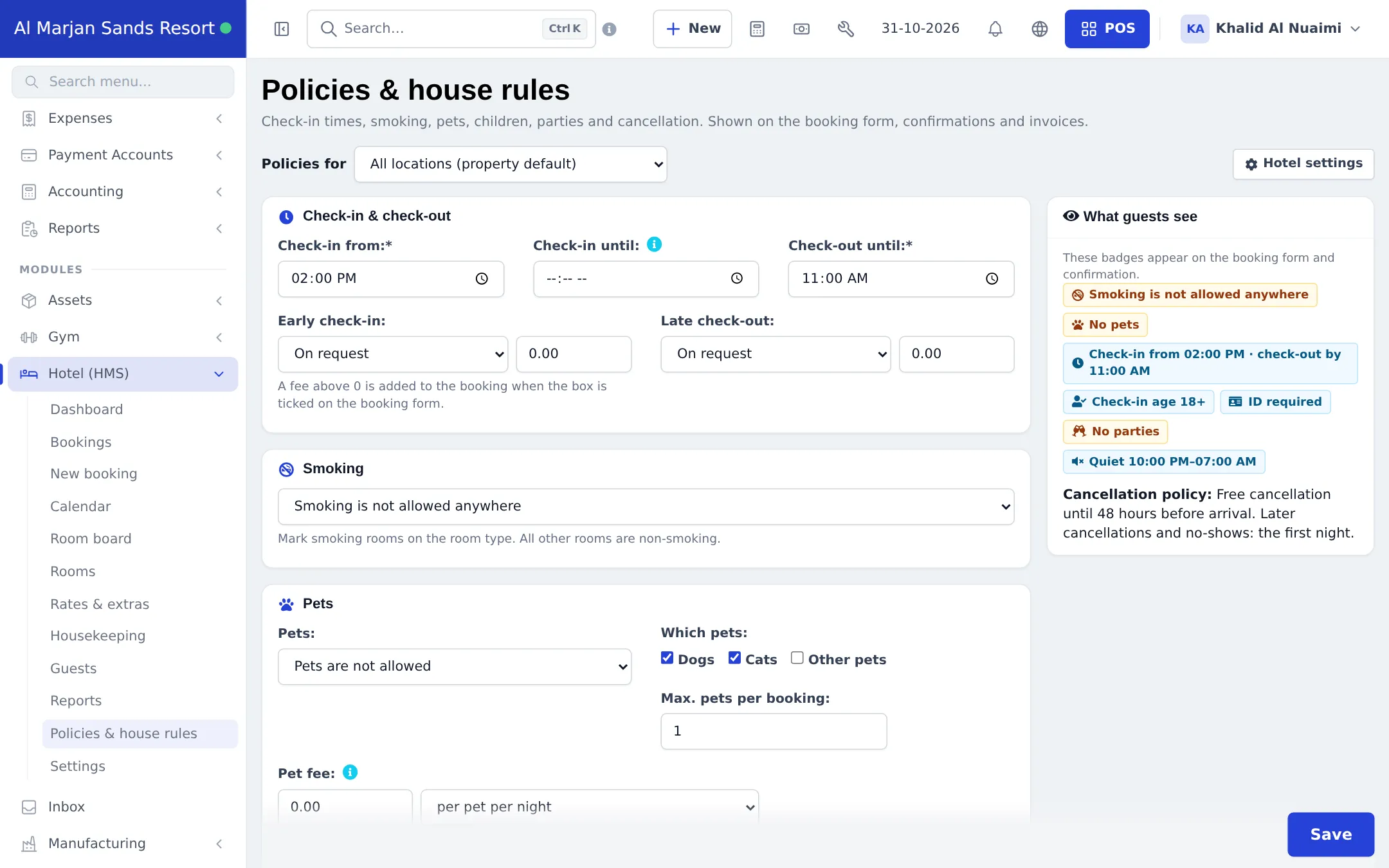 Policies and house rules page with check-in and check-out times, smoking, pets, children and the What guests see badges with the cancellation policy
