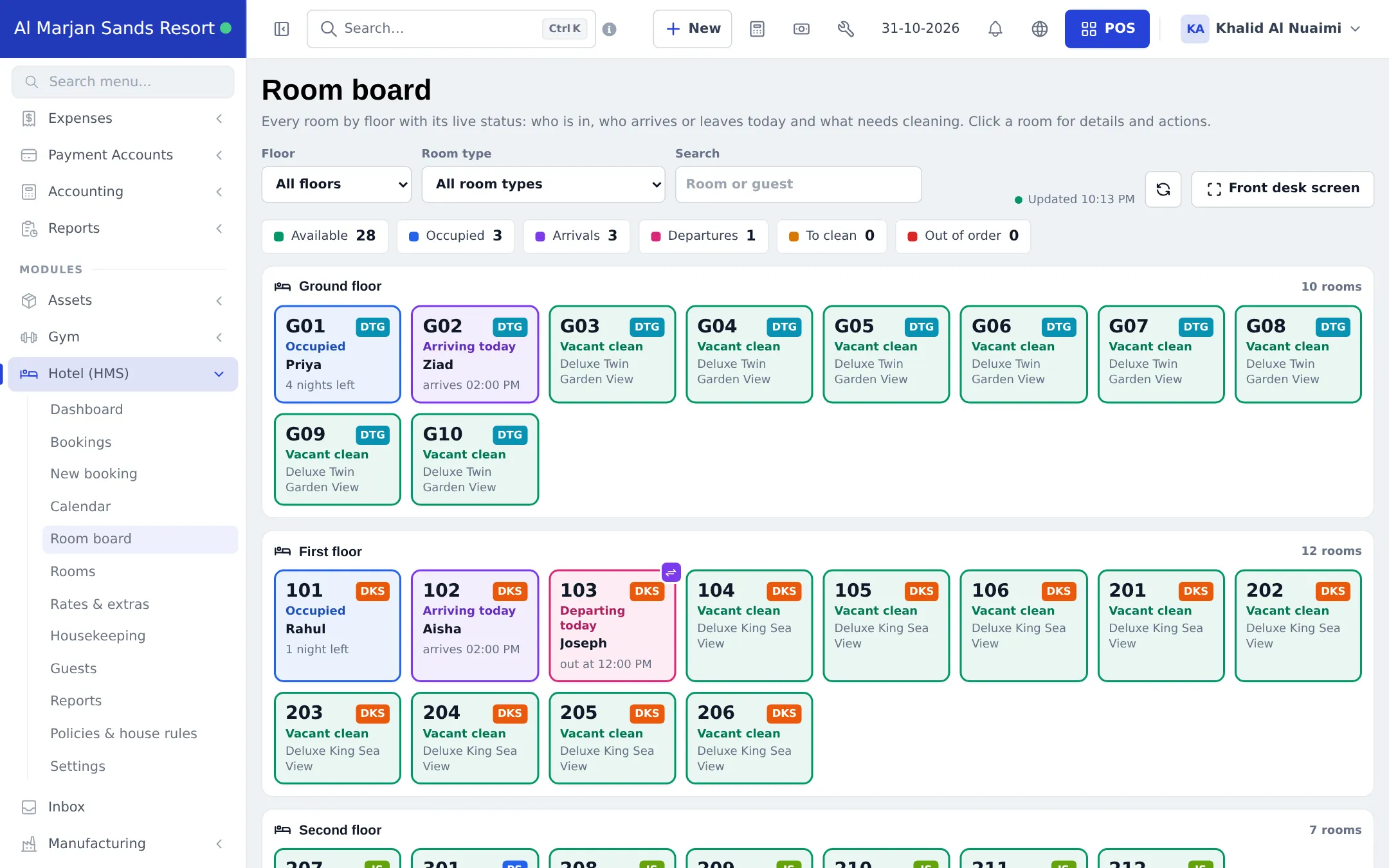 Room board with ground and first floor rooms showing occupied, arriving today, departing today and vacant clean tiles