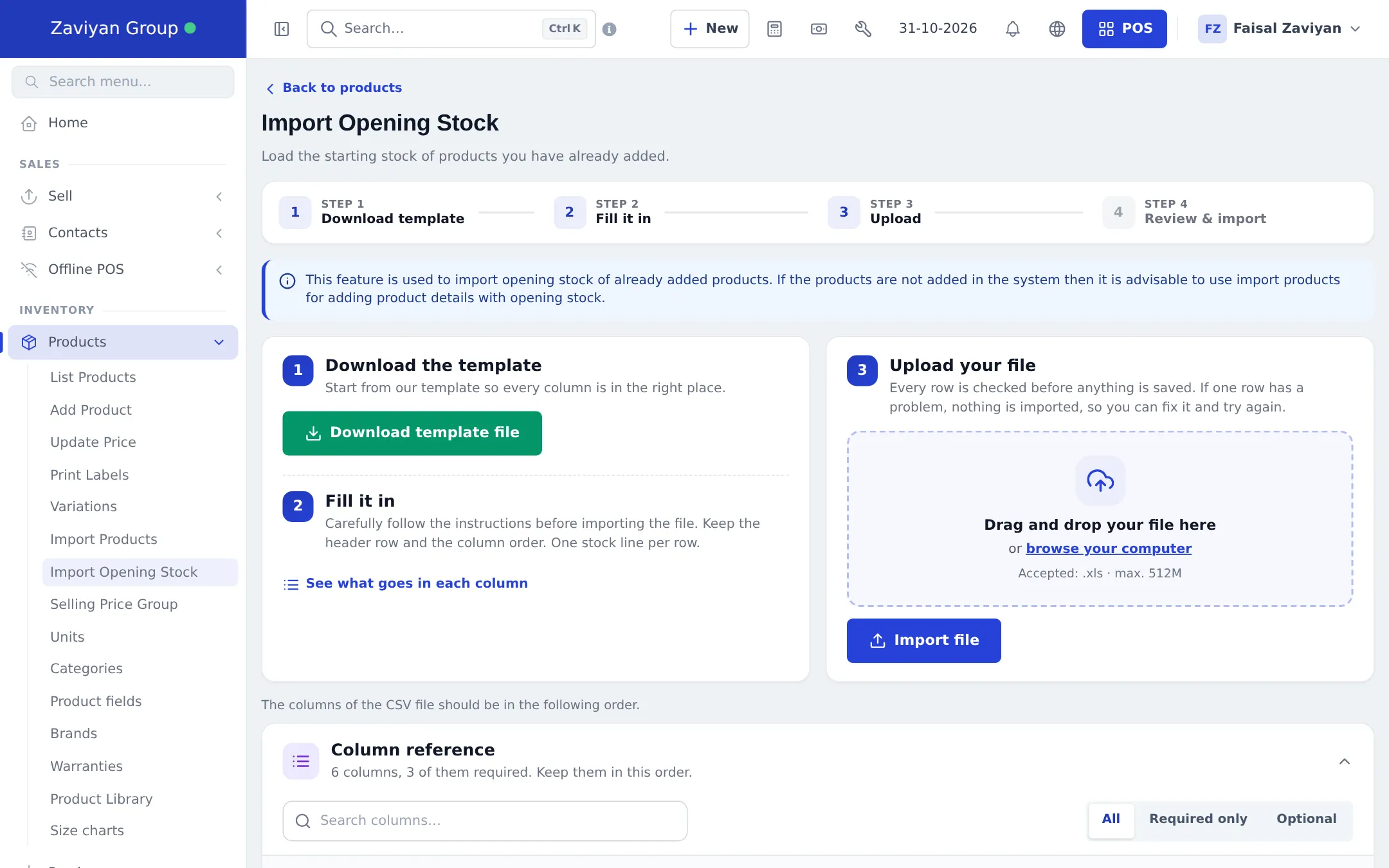 Import Opening Stock page with the note that it is for already added products, the four steps, Download template file, upload area and Column reference with 6 columns, 3 of them required