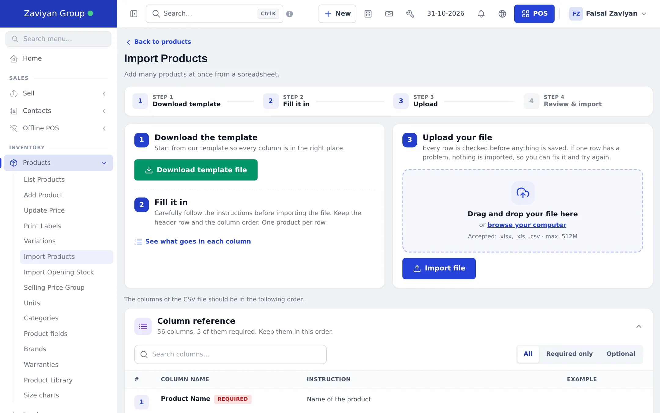 Import Products page with four steps Download template, Fill it in, Upload, Review & import, the Download template file button, the drag-and-drop upload area with Import file button, and the Column reference showing 56 columns, 5 of them required