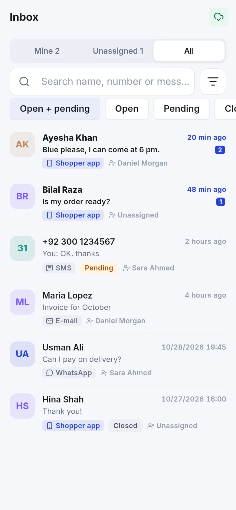 Business app inbox with Mine, Unassigned and All tabs