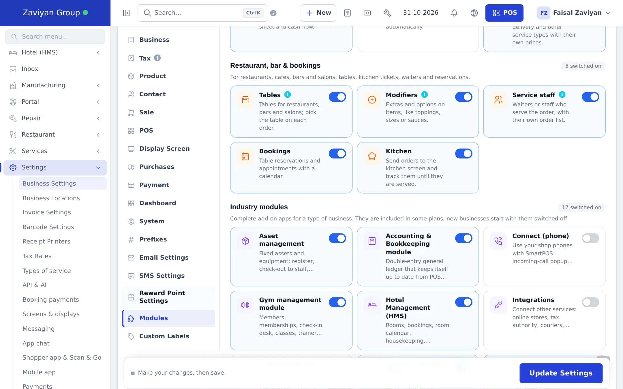Modules tab scrolled to the Restaurant, bar and bookings group and the Industry modules group with Asset management, Bookkeeping, Gym and Hotel switched on