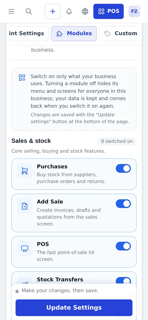 Modules tab on a phone, one switch card per row with the Update Settings button pinned at the bottom