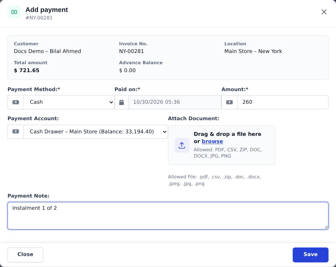 Add payment window for invoice NY-00281 with customer, total amount 721.65, payment method cash, paid on date, amount 260 and payment note Instalment 1 of 2