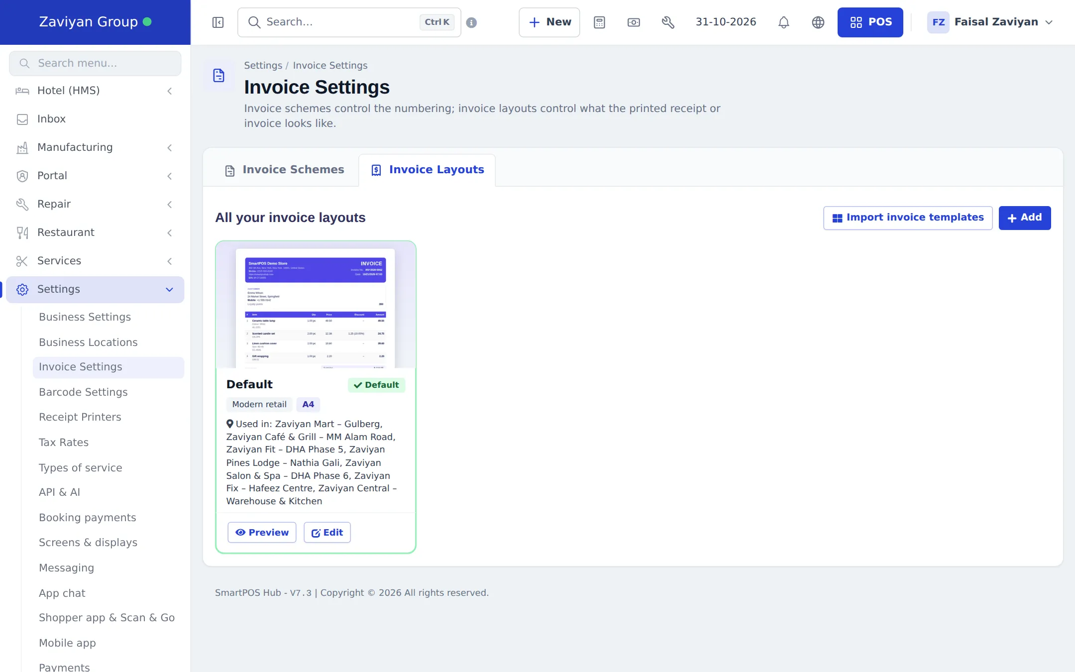 Invoice Layouts tab with the Default layout card showing a Modern retail A4 thumbnail, the locations using it and Preview and Edit buttons