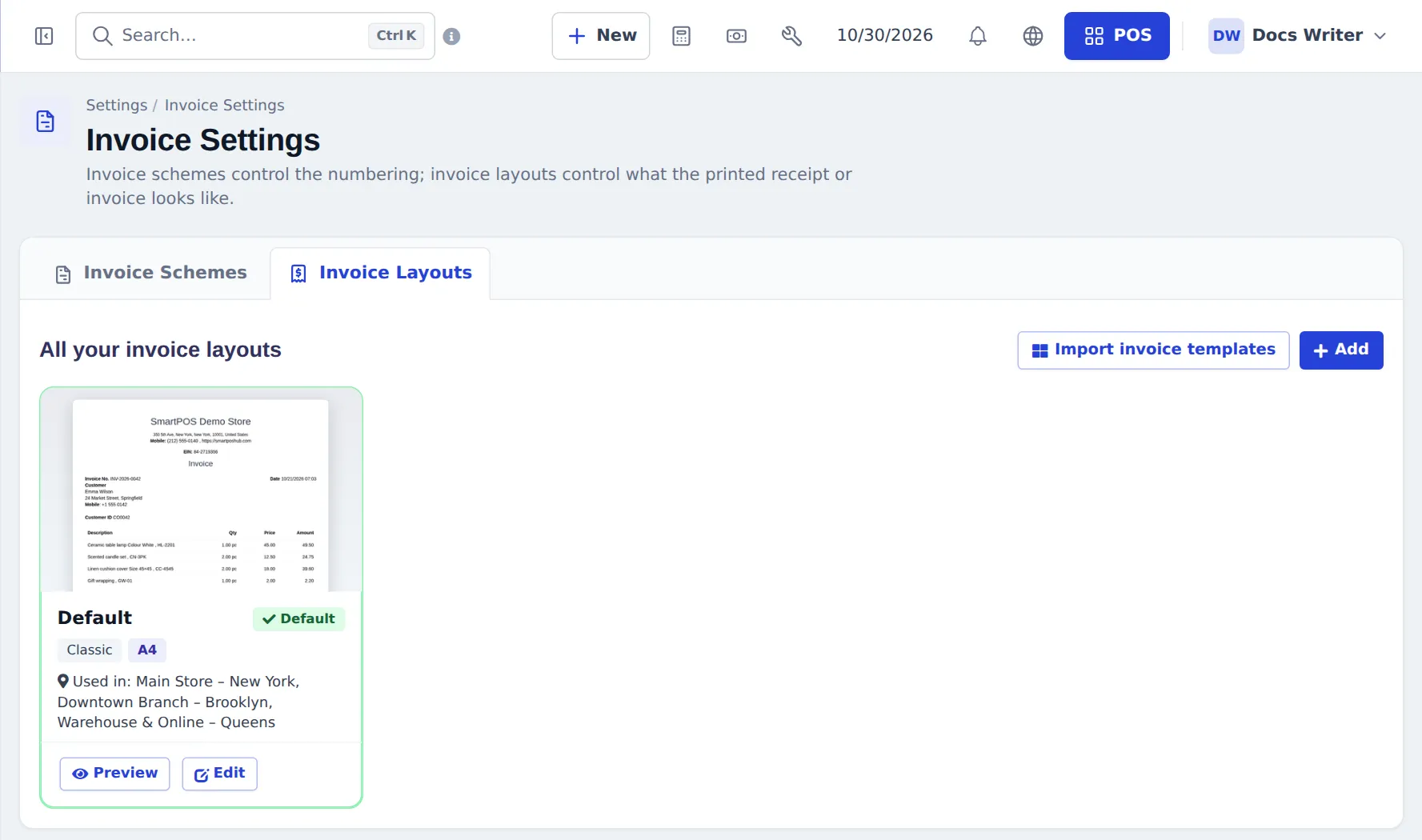 Invoice Settings, Invoice Layouts tab with a default layout card showing a thumbnail, design and paper chips, locations, Preview and Edit, plus Import invoice templates and Add buttons