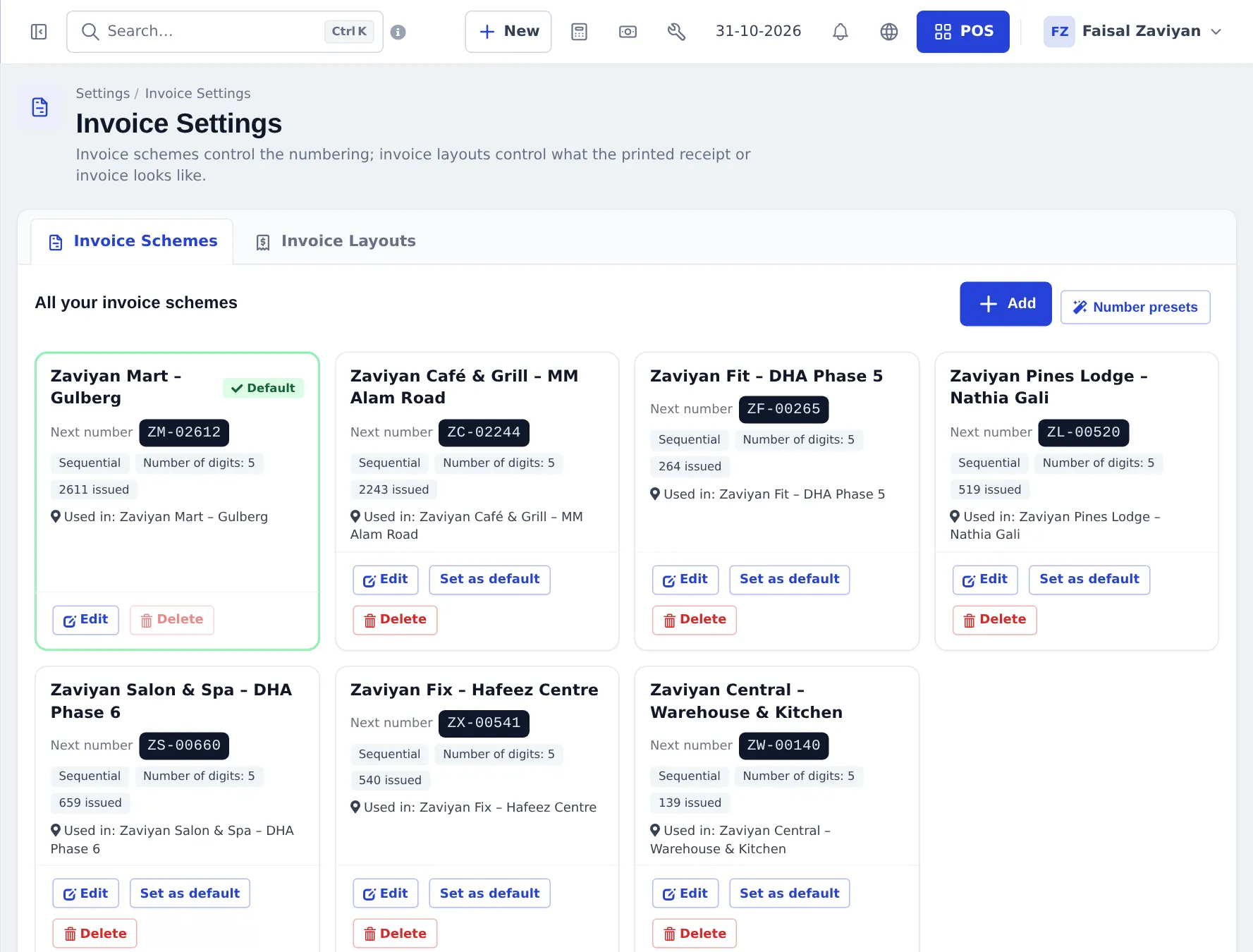 Invoice Schemes tab with one card per scheme showing the next number, sequential numbering, number of digits, issued count and locations, with Edit, Set as default and Delete