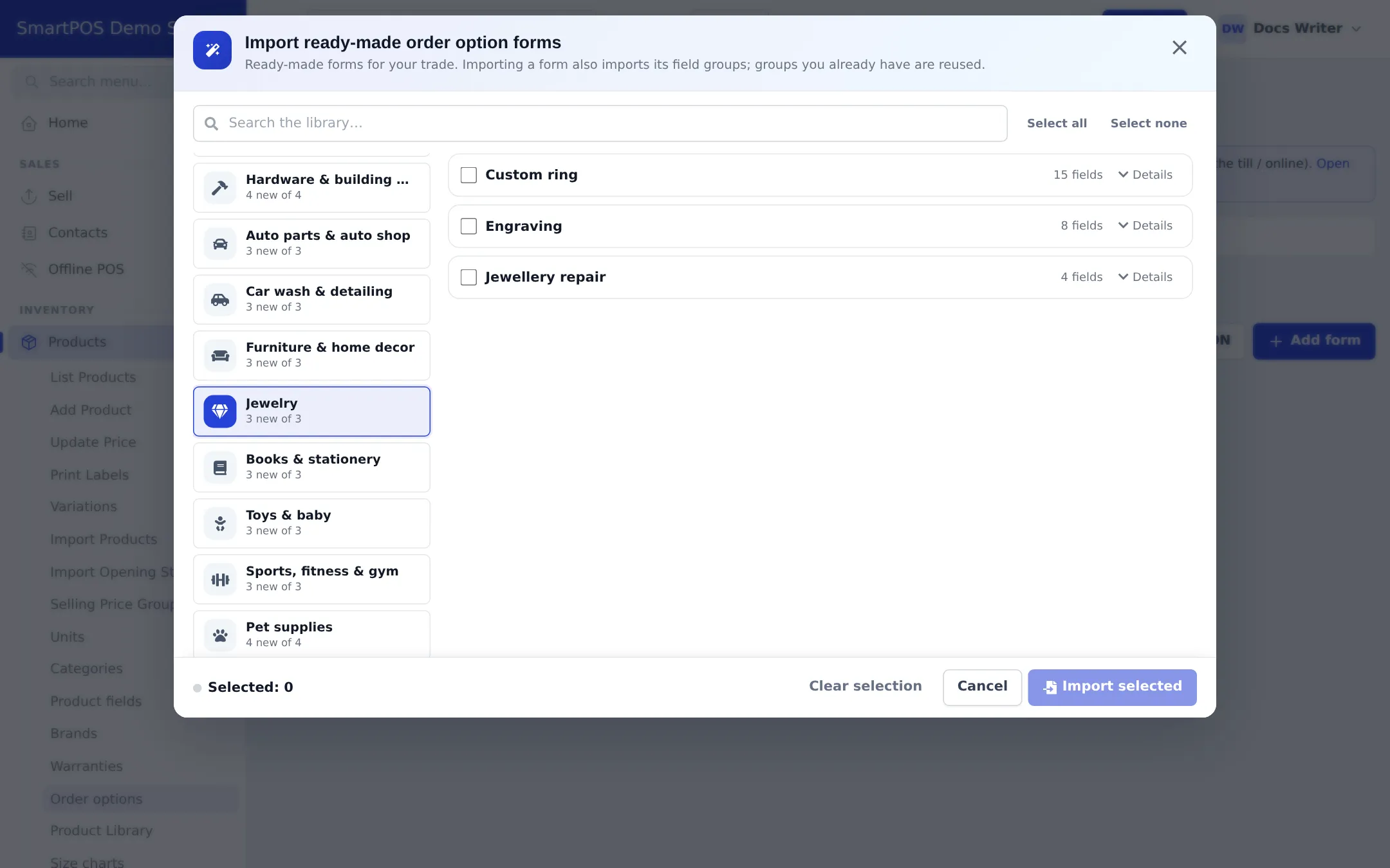 Import ready-made order option forms window with Jewelry selected and the forms Custom ring with 15 fields, Engraving with 8 fields and Jewellery repair with 4 fields