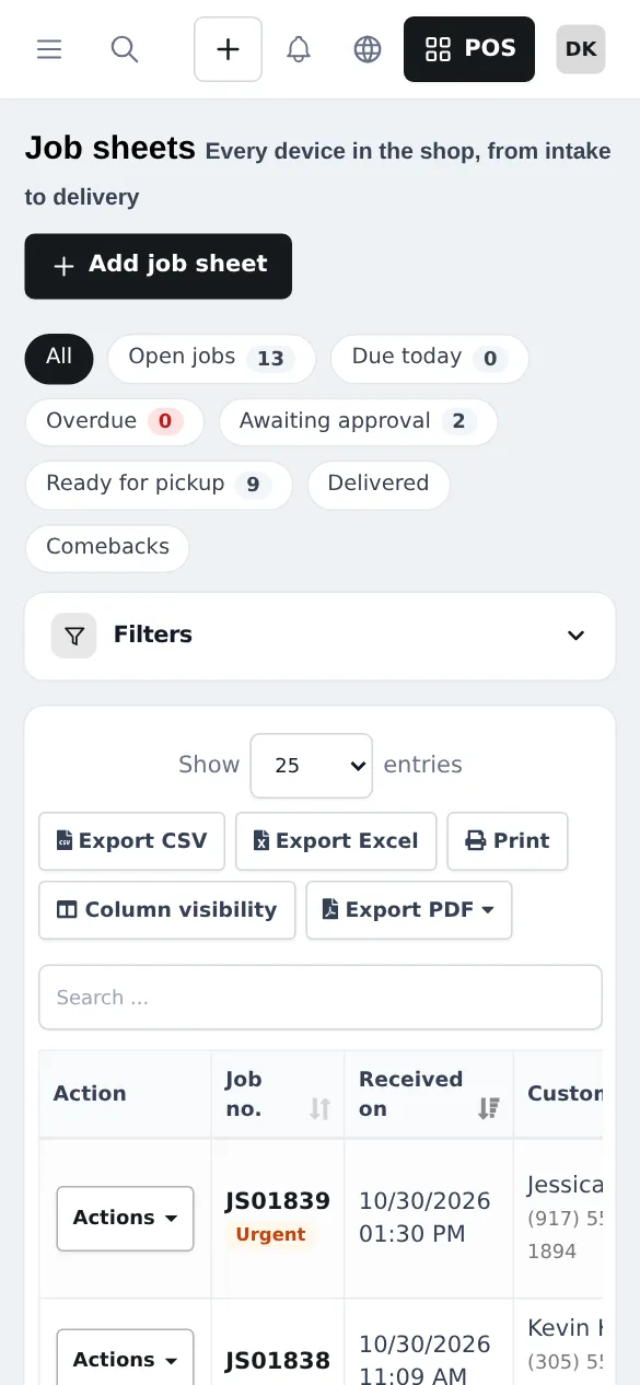 Job sheets page on a phone with Add job sheet button and filter chips for open jobs, due today, overdue, awaiting approval, ready for pickup, delivered and comebacks