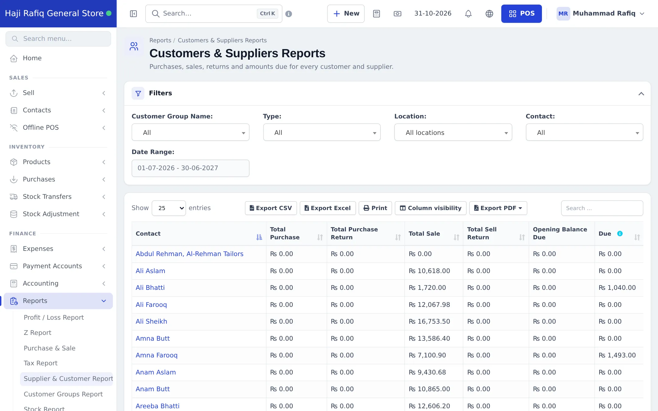 Customers and Suppliers report with total purchase, total sale, sell return, opening balance and due per contact
