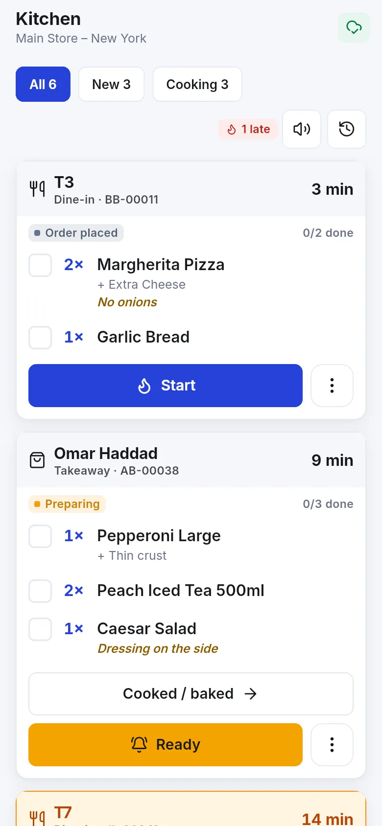 Business app kitchen screen with ticket cards, item tick boxes, Start and Ready buttons