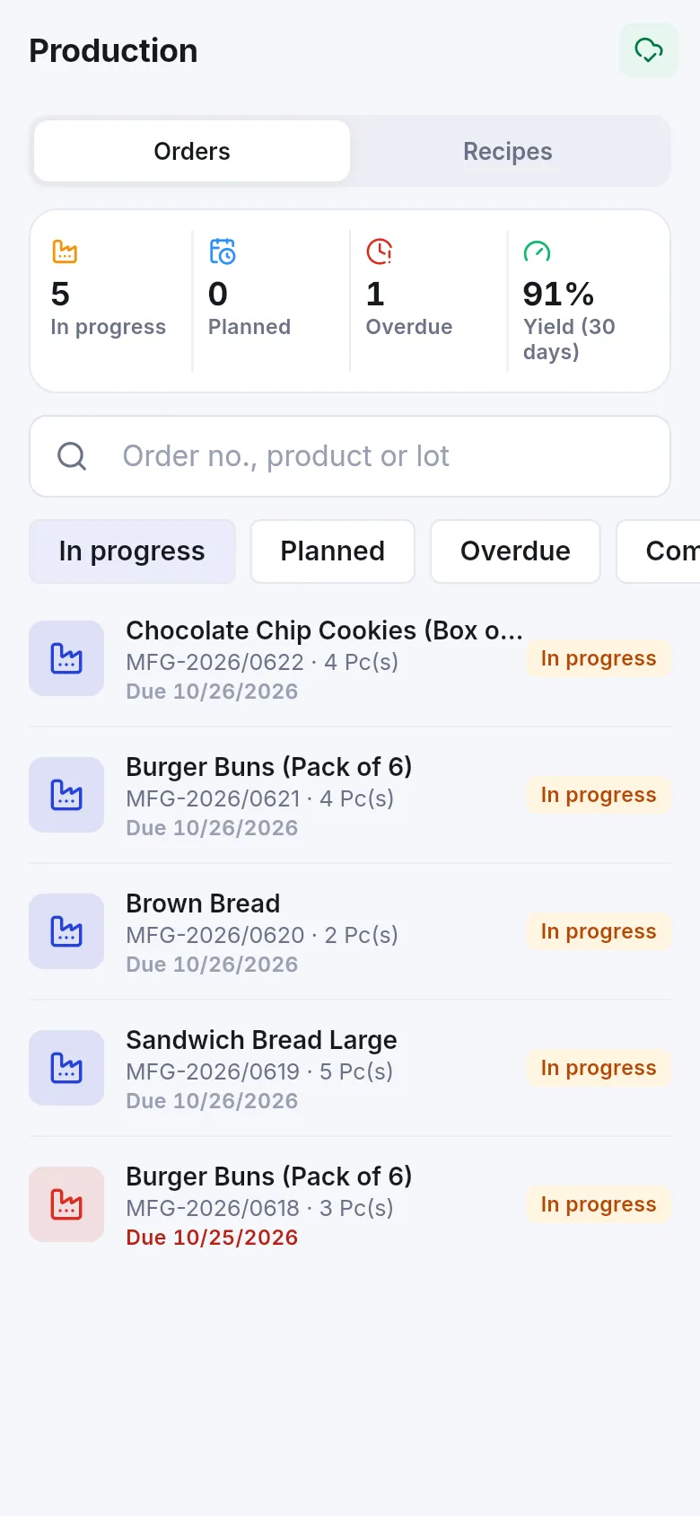 Production orders list in the app with in progress, planned and overdue counters