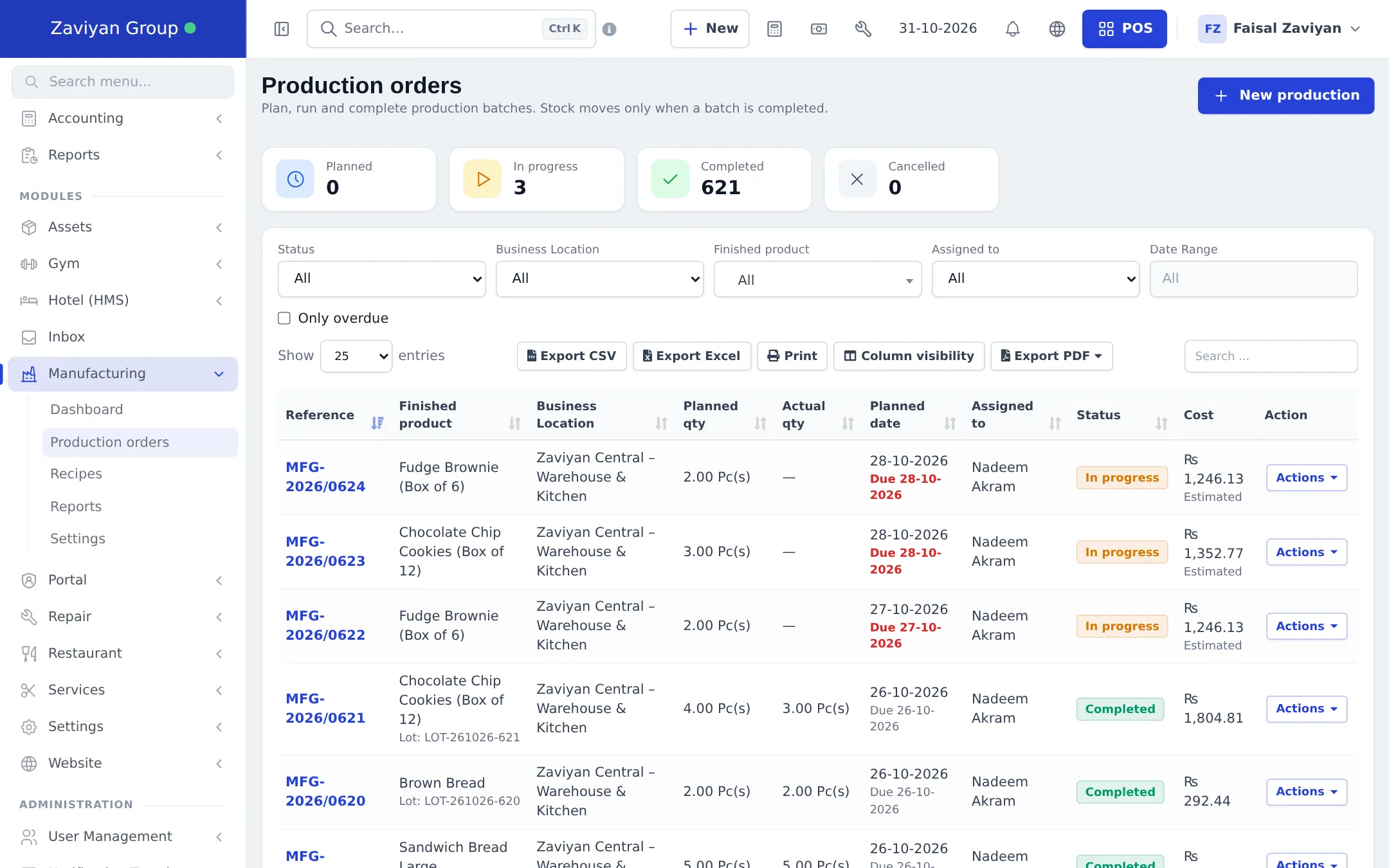 Production orders list with status cards, filters and orders in progress and completed
