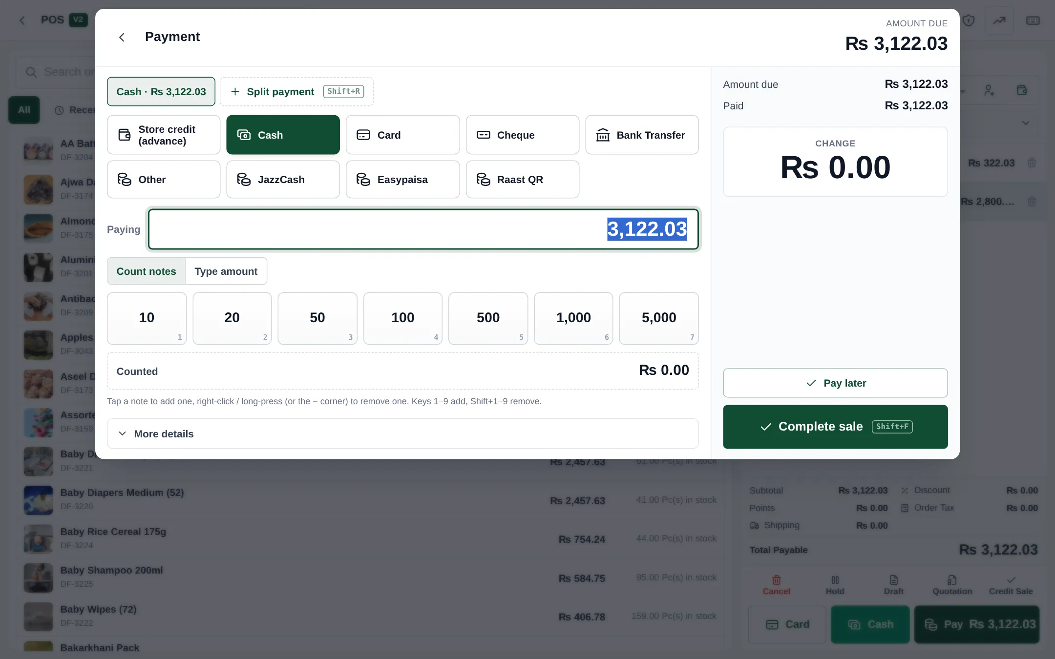 Payment window with method tiles including JazzCash, Easypaisa and Raast QR, Count notes buttons from 10 to 5,000, change and Complete sale