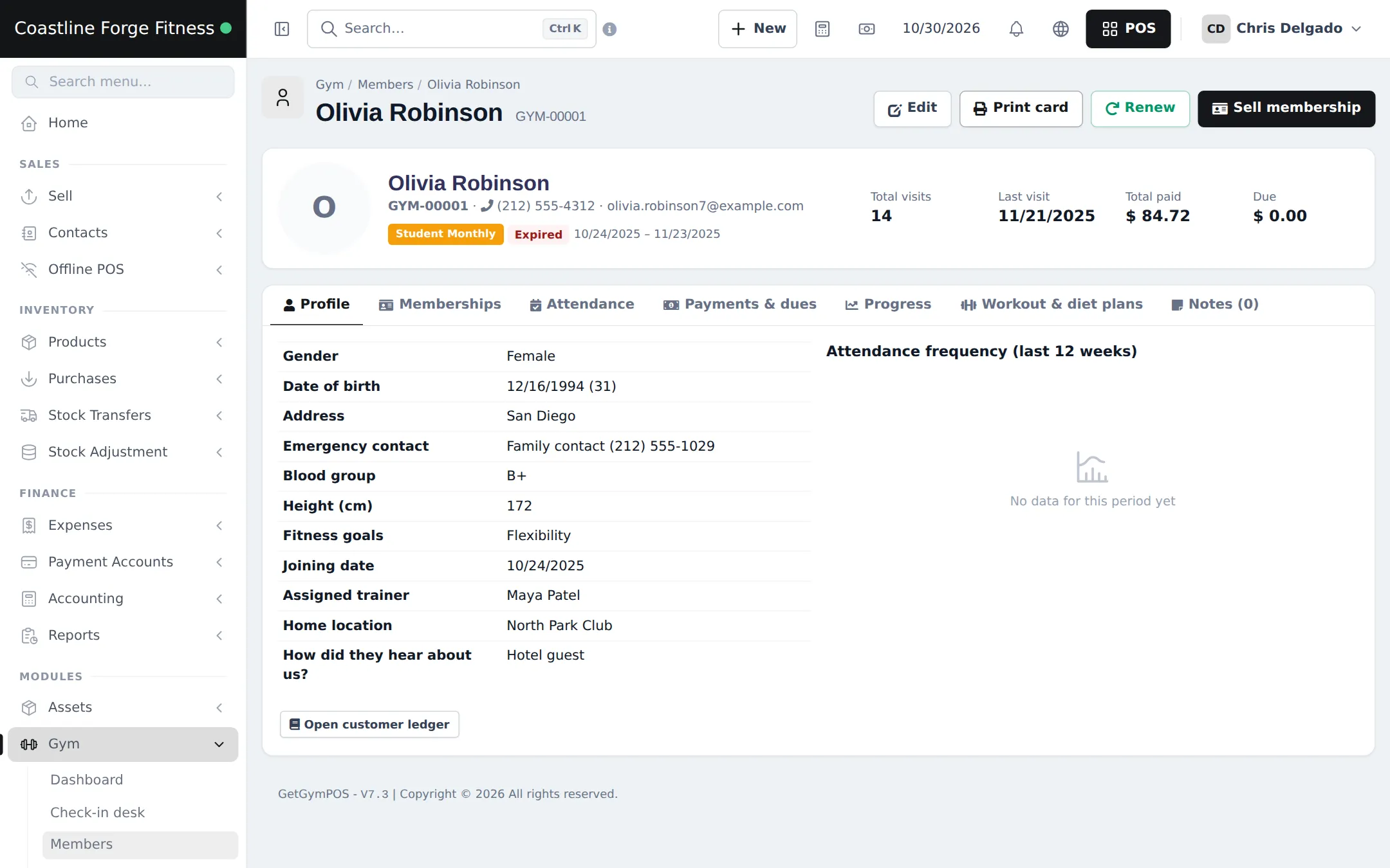 Member page with name, code, phone and email, a Student Monthly chip marked expired, total visits, last visit, total paid and due, and tabs for profile, memberships, attendance, payments and dues, progress, plans and notes