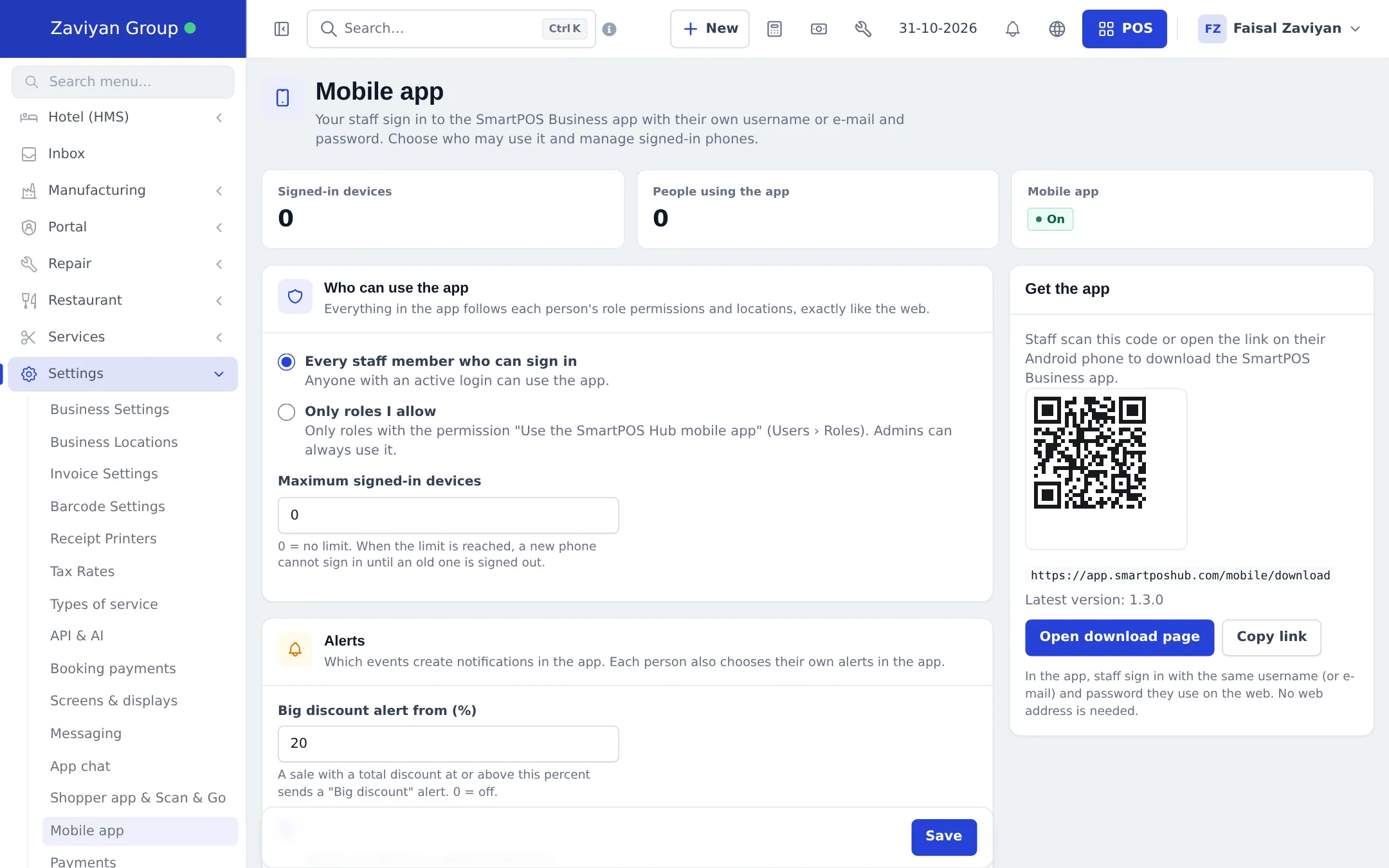 Mobile app settings with Signed-in devices, People using the app, Who can use the app options, Maximum signed-in devices, Alerts and a Get the app QR code