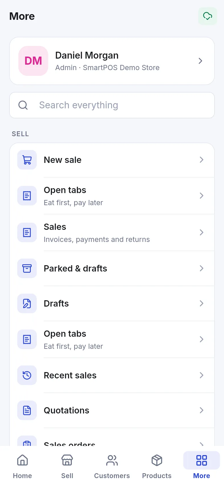 More screen with the Sell group: New sale, Open tabs, Sales, Parked & drafts, Recent sales, Quotations
