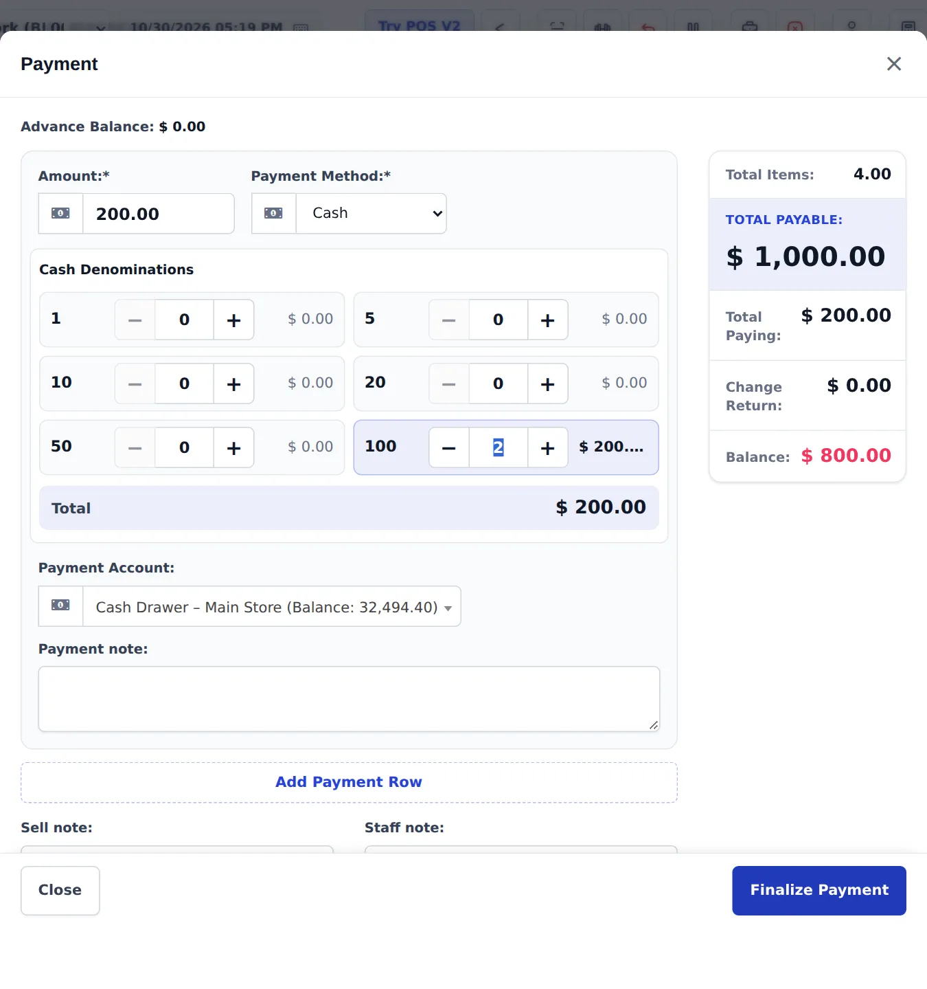 Payment window with Amount 200, method Cash, two 100 notes counted, Total payable 1,000, Total paying 200 and Balance 800 in red