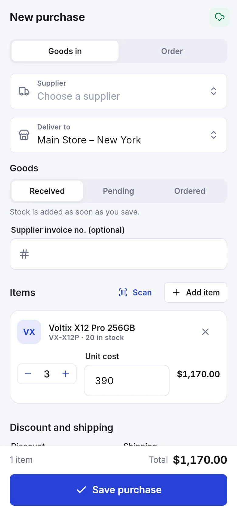 New purchase form with Goods in selected, supplier, Deliver to location, status Received, items with unit cost and Save purchase