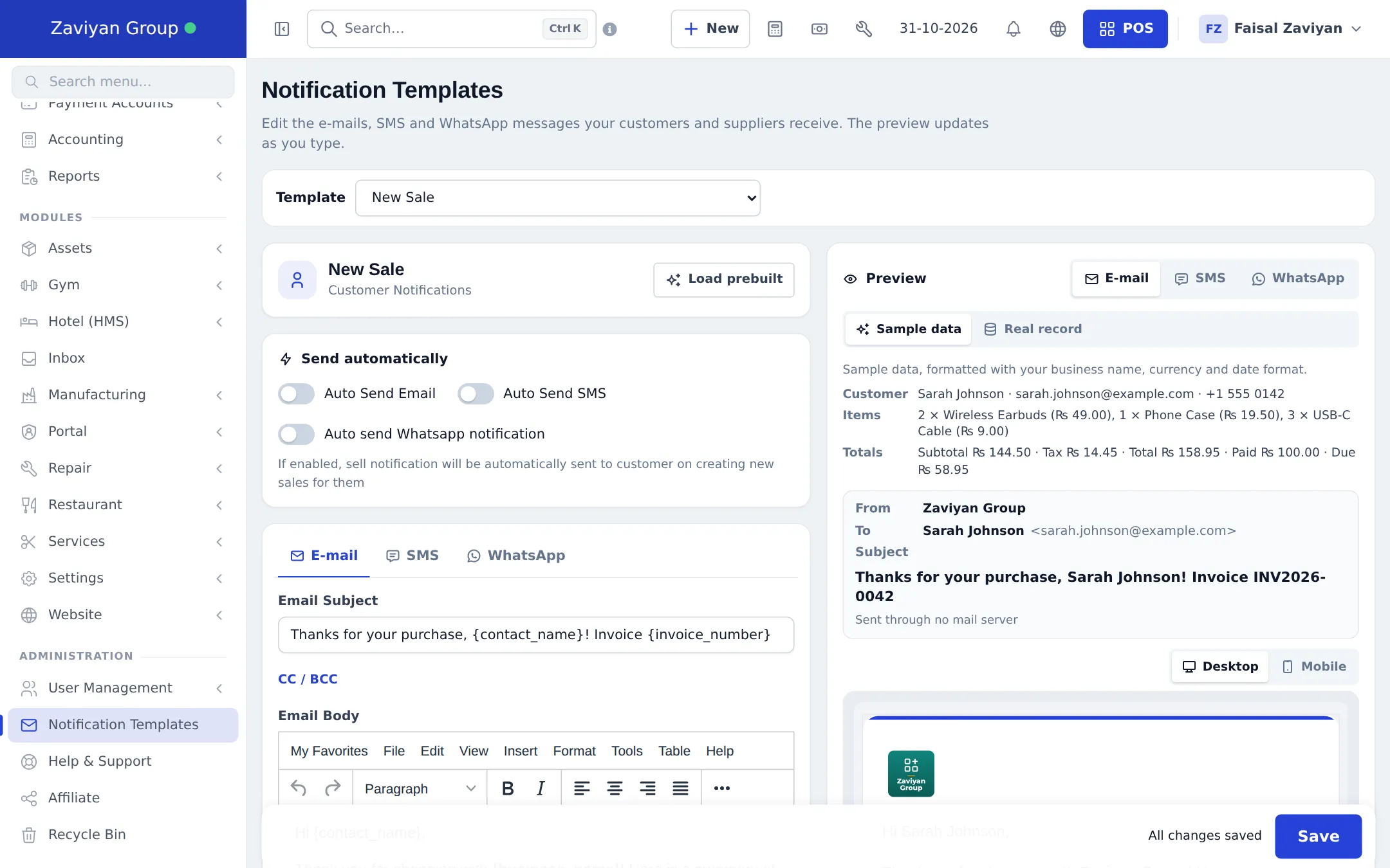 Notification Templates page with the New Sale template, Load prebuilt button, Send automatically switches, E-mail SMS WhatsApp tabs, Email Subject and Email Body, and a Preview with sample customer data