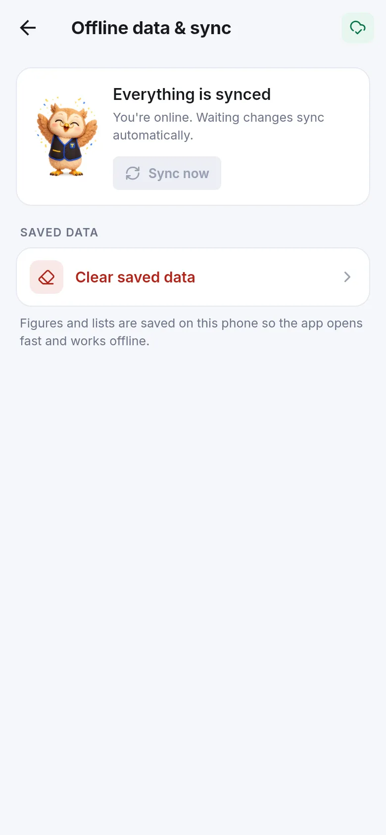 Offline data & sync screen saying Everything is synced with Sync now and Clear saved data