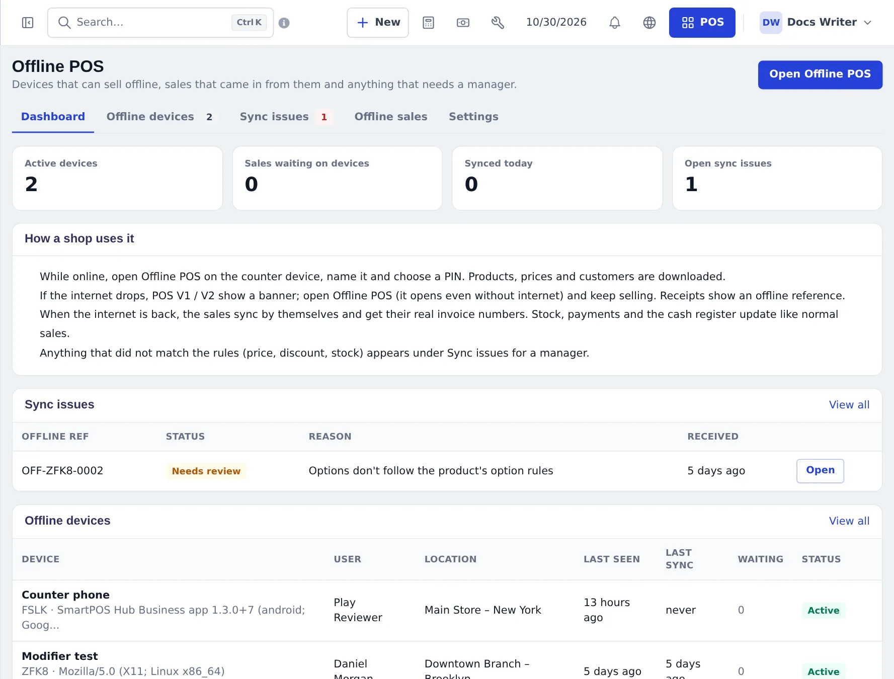 Offline POS dashboard: active devices, sales waiting on devices, synced today, open sync issues, how a shop uses it, sync issues list and offline devices
