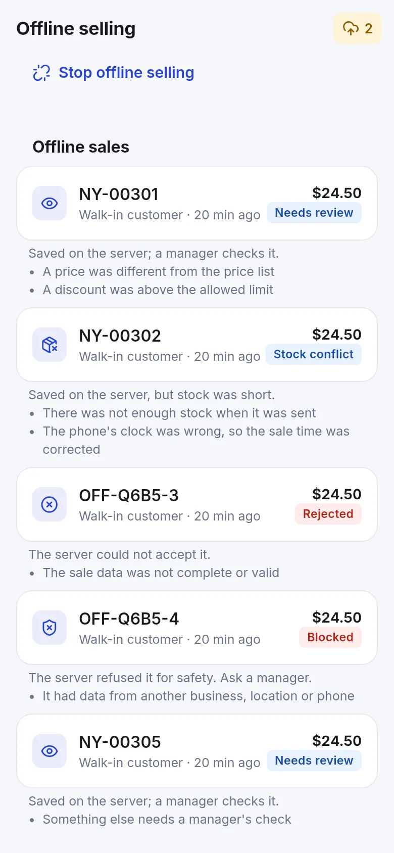 Offline sales list with statuses Needs review, Stock conflict, Rejected and Blocked and the reasons under each