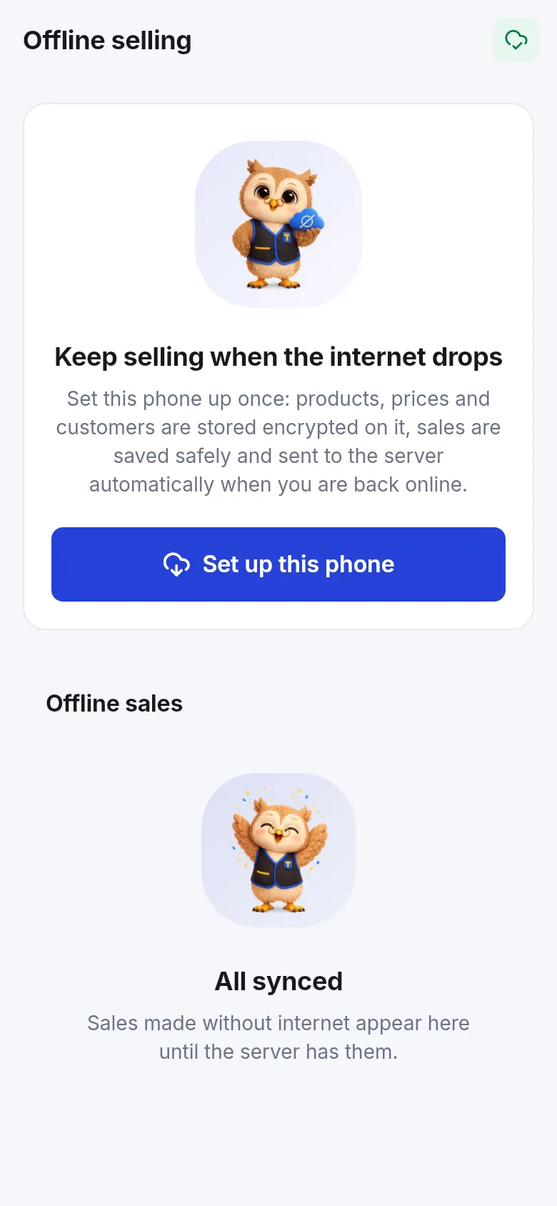App Offline selling screen: Keep selling when the internet drops, Set up this phone, and Offline sales all synced