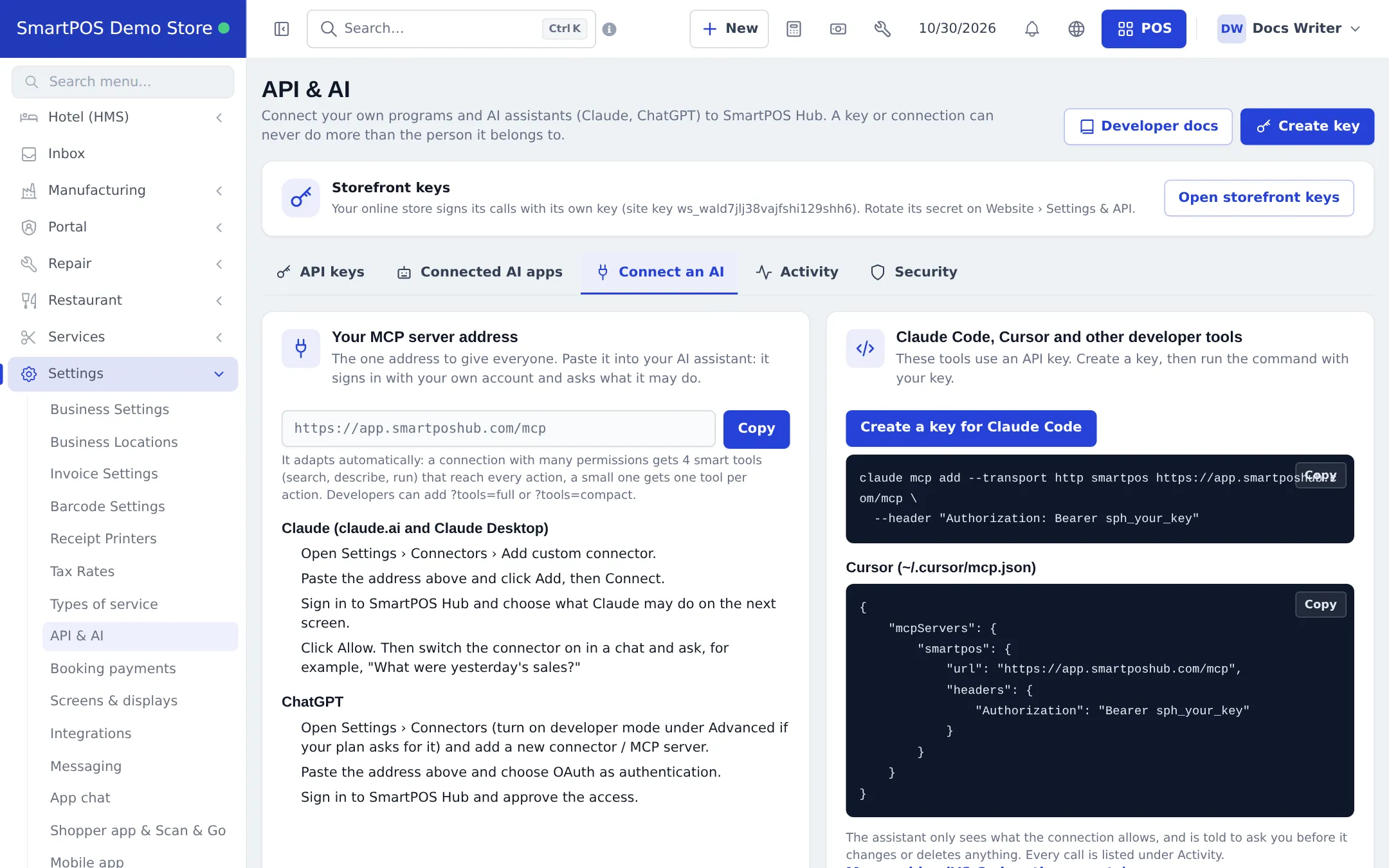 Connect an AI tab with the MCP server address, steps for Claude and ChatGPT, and commands for Claude Code and Cursor