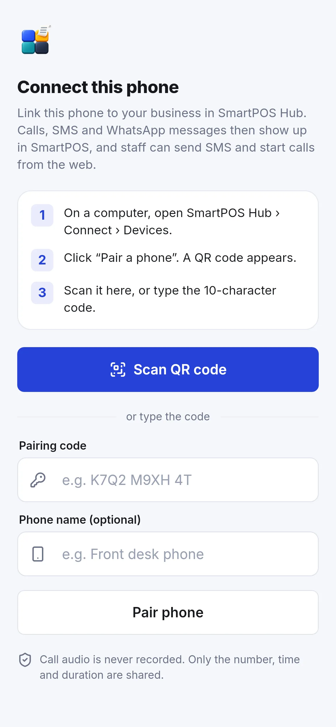 Connect this phone screen with pairing steps, Scan QR code and a pairing code field