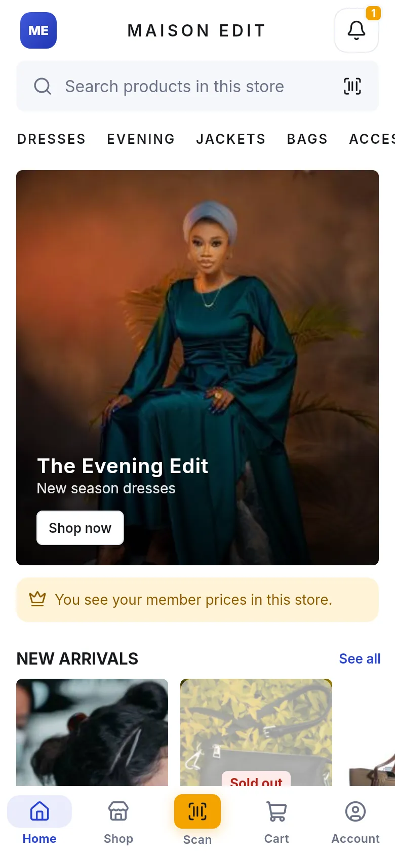 Boutique look home screen with category names in capitals, a tall fashion banner and new arrivals