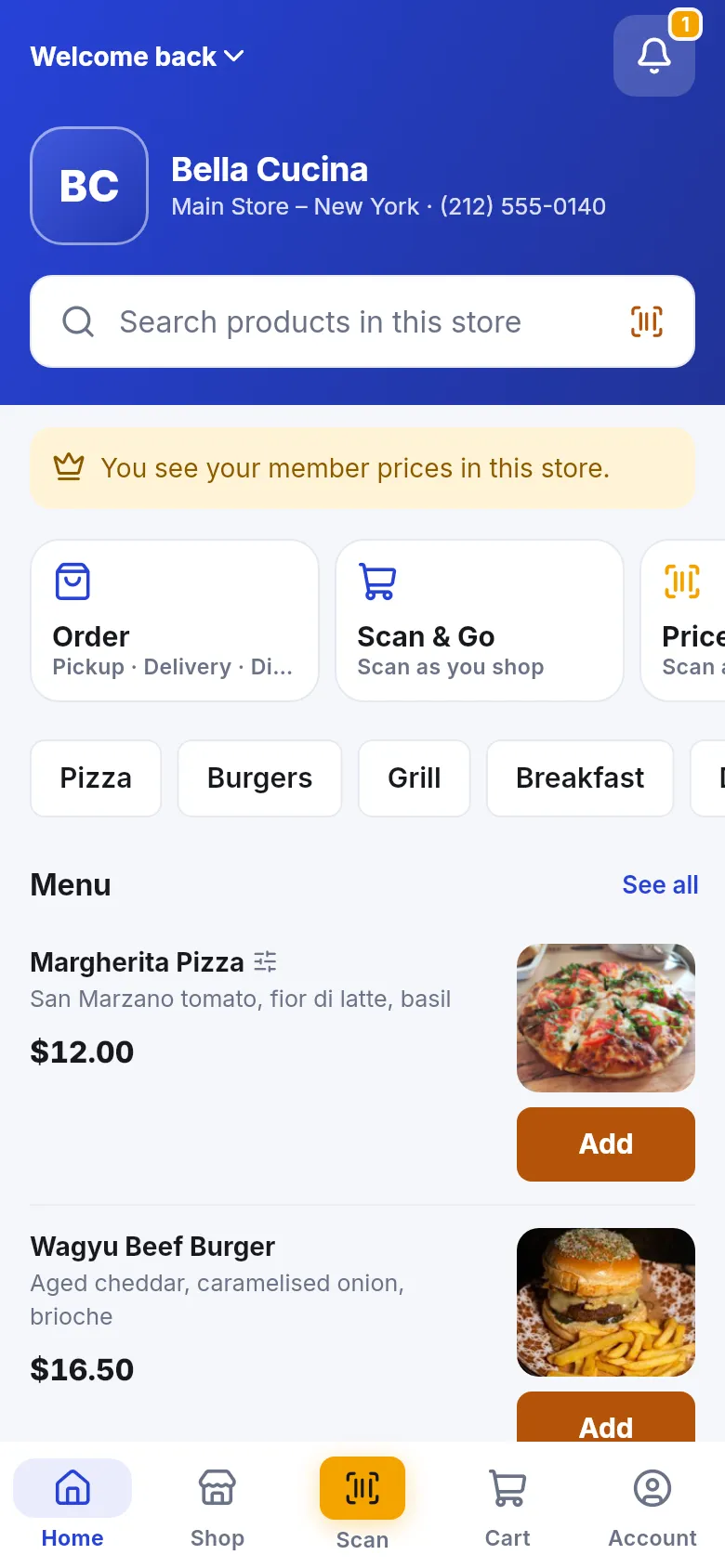 Menu look home screen for a restaurant with Order and Scan and Go cards, category chips and menu items with Add buttons