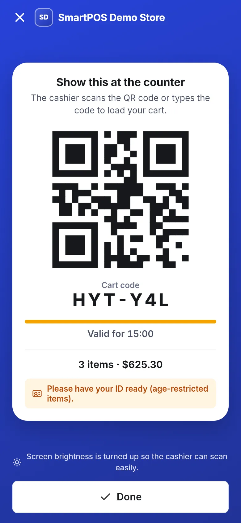 Cart code screen with a QR code and code HYT-Y4L valid for 15 minutes