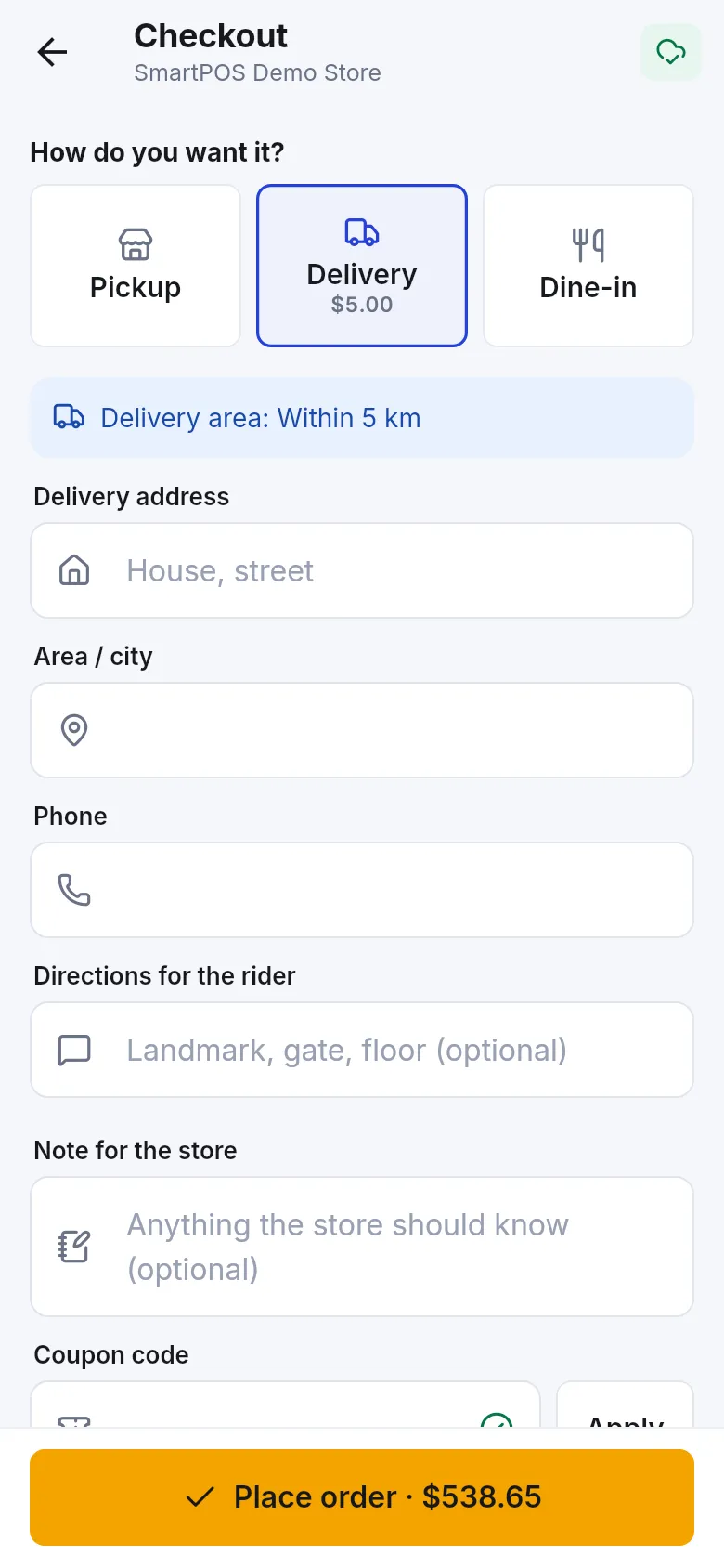 Checkout in the Shopper app with Pickup, Delivery and Dine-in choices and the delivery address form